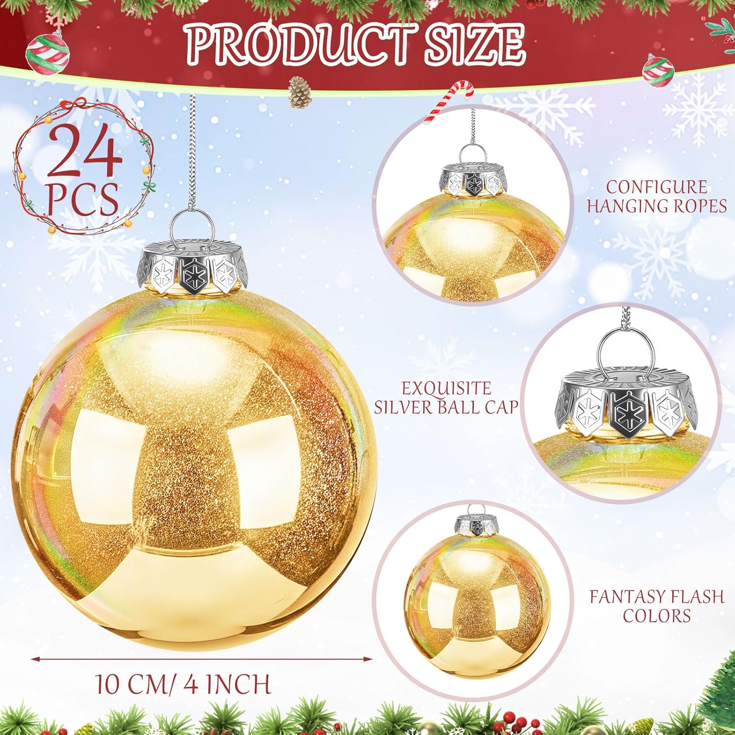 Wettarn 24 Pcs 4 Inch Glittering Christmas Balls Fantasy Plastic Shiny Christmas Iridescent Ornaments Balls for DIY Crafts Hanging with Lid and Rope for Xmas Tree Party Decor(Gold)
