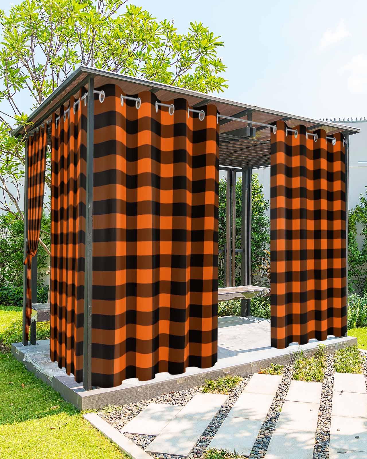 Outdoor Curtains for Patio Waterproof Orange Buffalo Plaid Indoor/Outdoor Curtain Tiebacks Pastoral Black Checked Privacy Curtain Sun Blocking Grommet Drapes for Pergolas Gazebo Porch 1 Panel 54x95