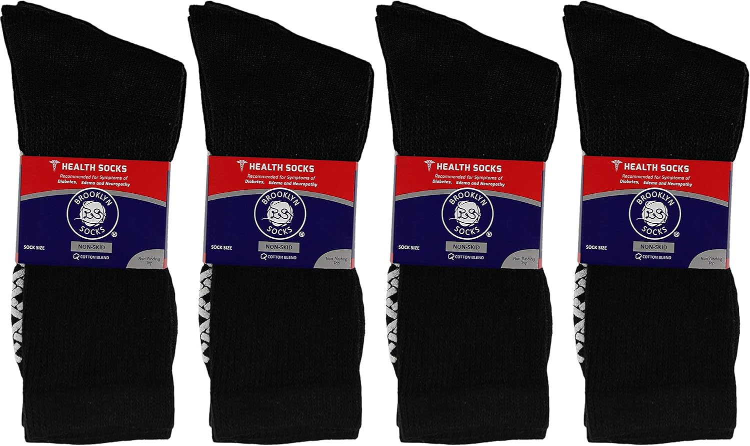 24 Pairs of Men's Cotton Non-Skid Diabetic Crew Socks, Non Binding Top Therapeutic Cotton Gripper Socks (Black, Shoe Size 8-11 US)