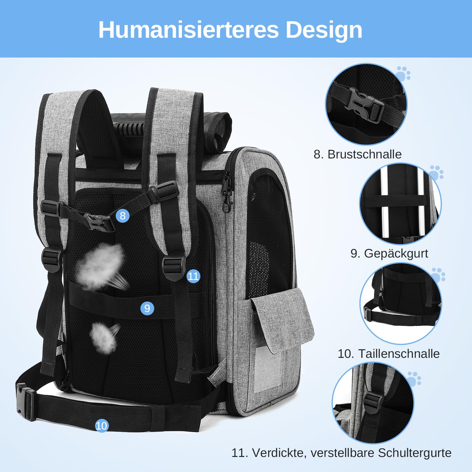 Mochila transportadora para Gatos, portátil Transpirable, Mochila Plegable para Transportar Mascotas, para Gatos y Perros medianos y pequeños, transportadora para, Gris | Ventana de malla transpirable, hasta 8 kg, 30 x 24 x 36 cm, para paseos diarios, sen