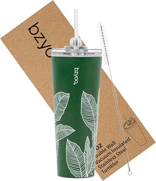 bzyoo SUP Double Wall Vacuum Insulated Tumbler with Straw and Lid Stainless Steel Water Bottle Travel Mug Cup Valentines Gifts For Him & Her, 24oz 710ml Color Leaf Green