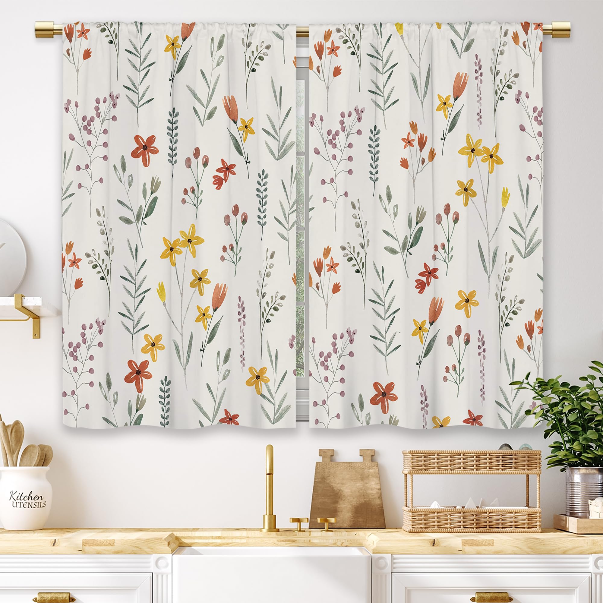 Laifzere Boho Floral Kitchen Curtains Yellow Orange Flower Wildflower Small Short Cafe Window Curtains Plant Leaves Botanical Country Bathroom Drapes Treatment Tier Curtains 2 Panels (27.5x39 Inch) — image 1