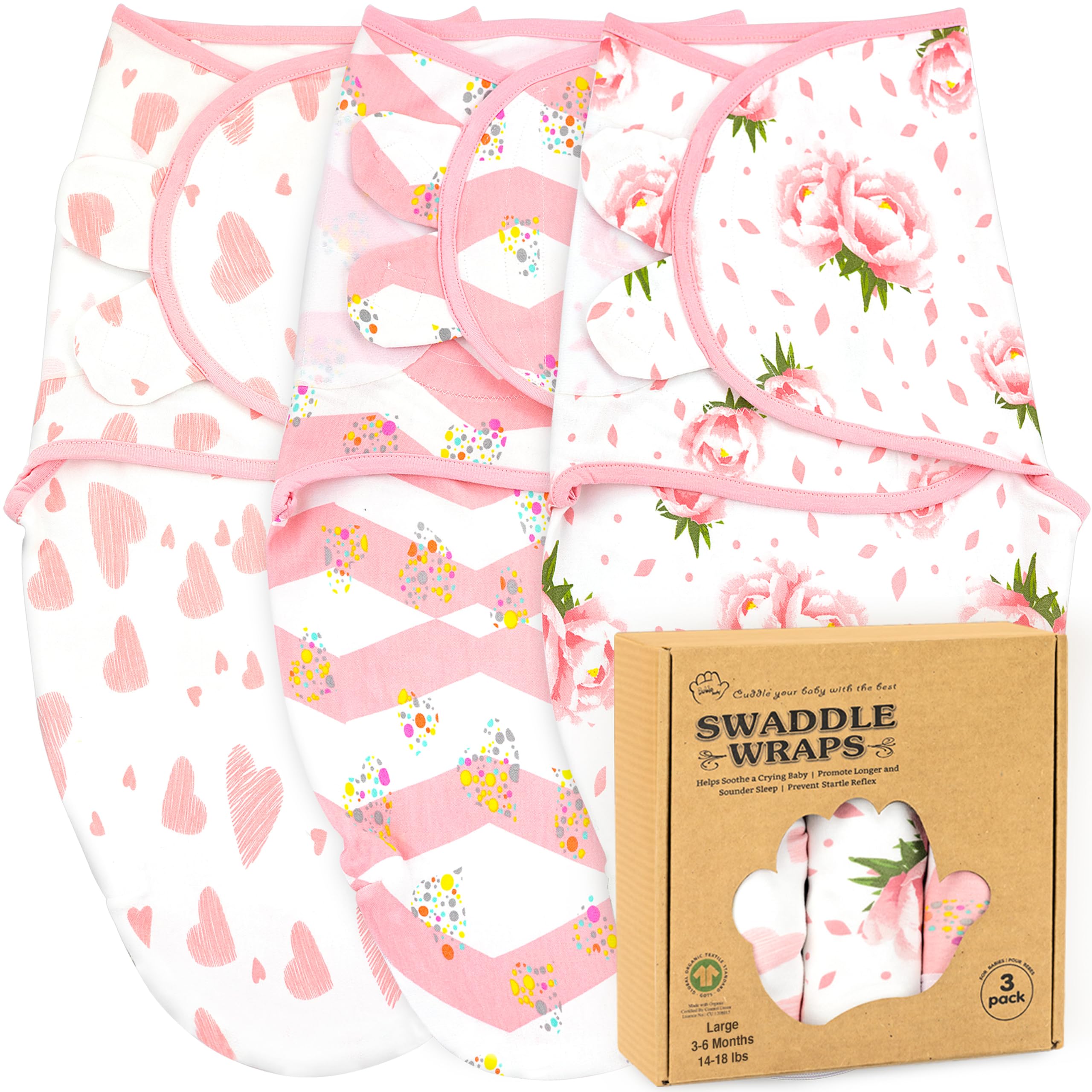 Bublo Baby Organic Swaddle 3-6 Month, 3-Pack Newborn Swaddles Sleep Sack, Infant Sleeping Sack, Easy Adjustable Large Size Swaddle Blanket Wrap for Boy Girl (Hearts-Flowers)