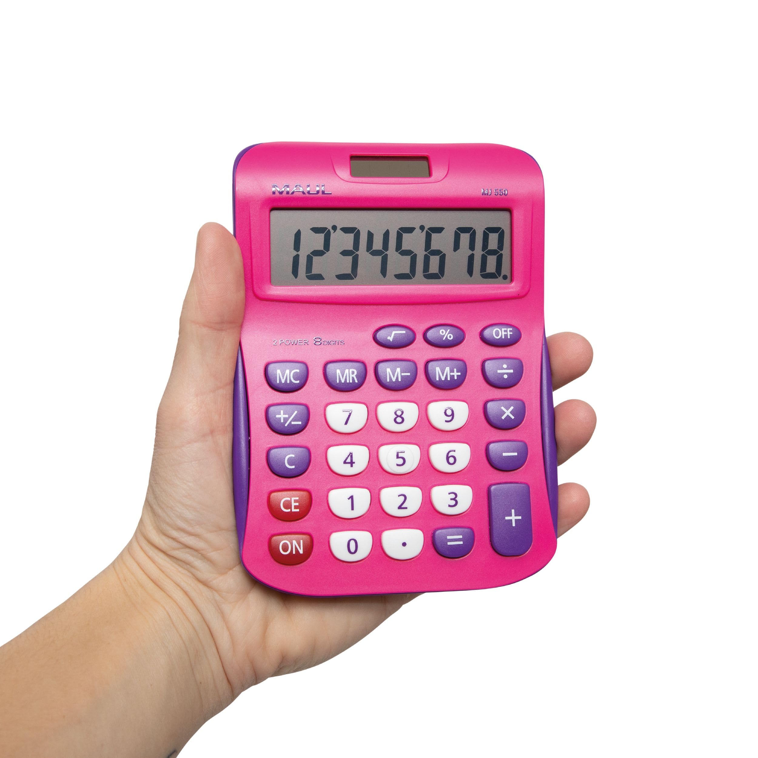 Maul calculadora MJ 450 | Calculadora Rosa con Pantalla de 8 dígitos | Calculadora Solar con utilización de la Pila en la Oscuridad | Calculadora pequeña 15,5 x 11 x 2,5 cm | Rosa