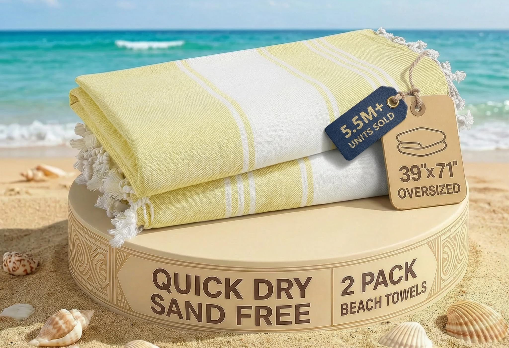 LANE LINEN Oversized Turkish Beach Towels – 2 Pack, 39"x71" Lightweight & Quick Dry Pool Towels, Sand-Proof & Absorbent for Adults, Yellow — image 1