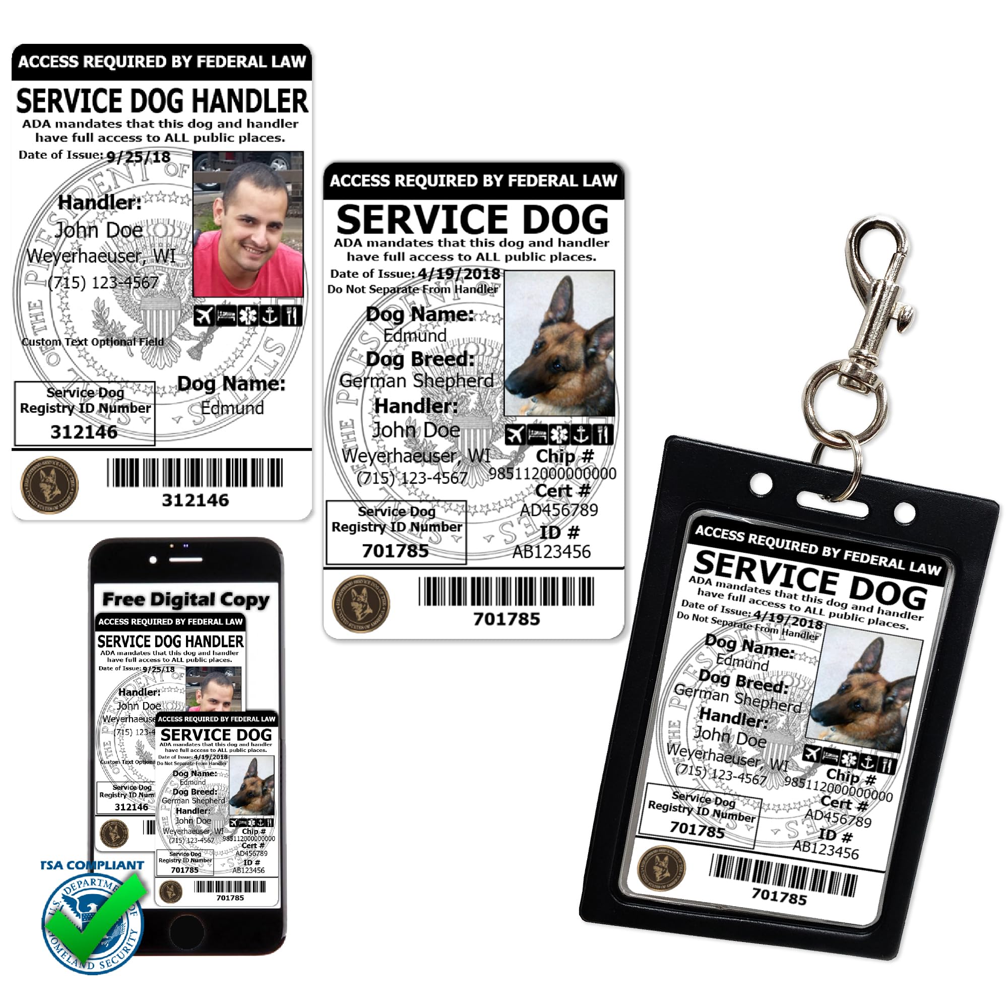 ActiveDogs Service Dog ID Card, Handler Identification Card & Clip-On ID Carrier with Registration and Digital Copy for Mobile - ADA & TSA Compliant (