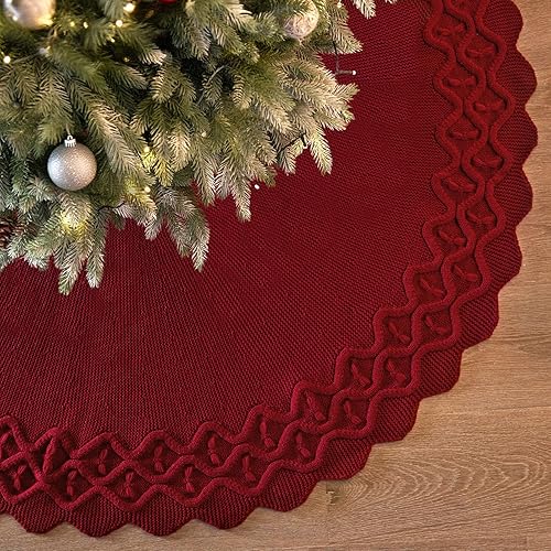 TOCHGREEN Red Knitted Christmas Tree Skirt 48 Inch Luxury Cable
