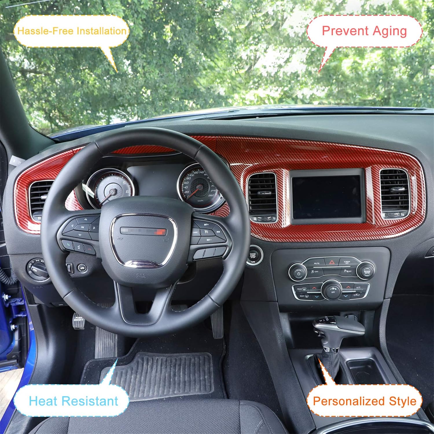 JeCar Center Console Dashboard Panel Trim Instrument Panel Cover Interior Decoration Accessories for Dodge Charger 2015-2020,Red Carbon Fiber