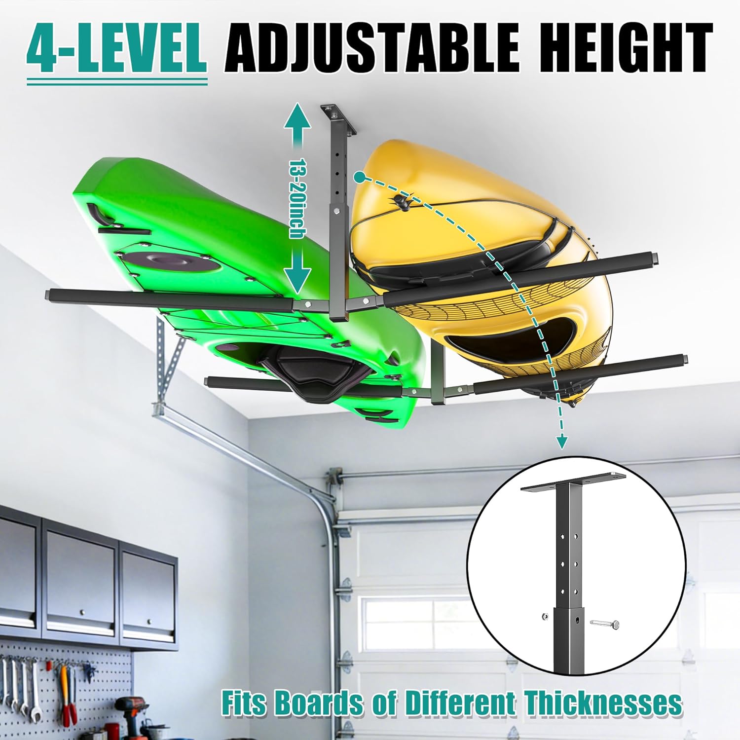 EVERHANGER Adjustable Ceiling Kayak Storage Rack for Garage, Heavy-Duty Overhead Storage Hanger Holds 2 Kayaks, SUPs, Surfboards, Canoes, Snowboards, Up to 200 lbs