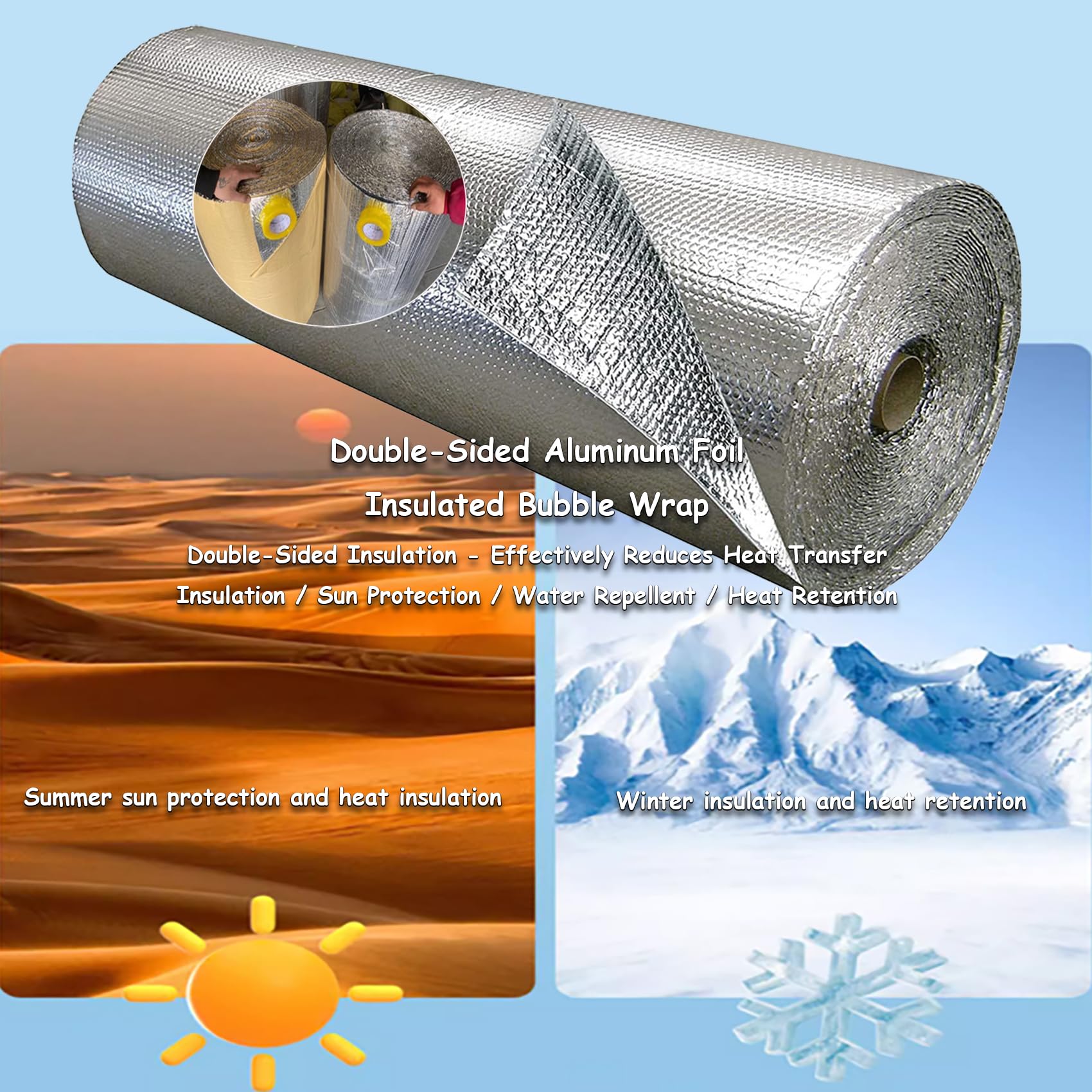 Rouleau d'Isolation Réflective Autoadhésive 5mm Double Face - Double Couche à Bulles pour Voiture, Toit, Camping-Car, Abri, Mur, Combles, Bouclier Thermique(Size:10㎡= 1x10m)