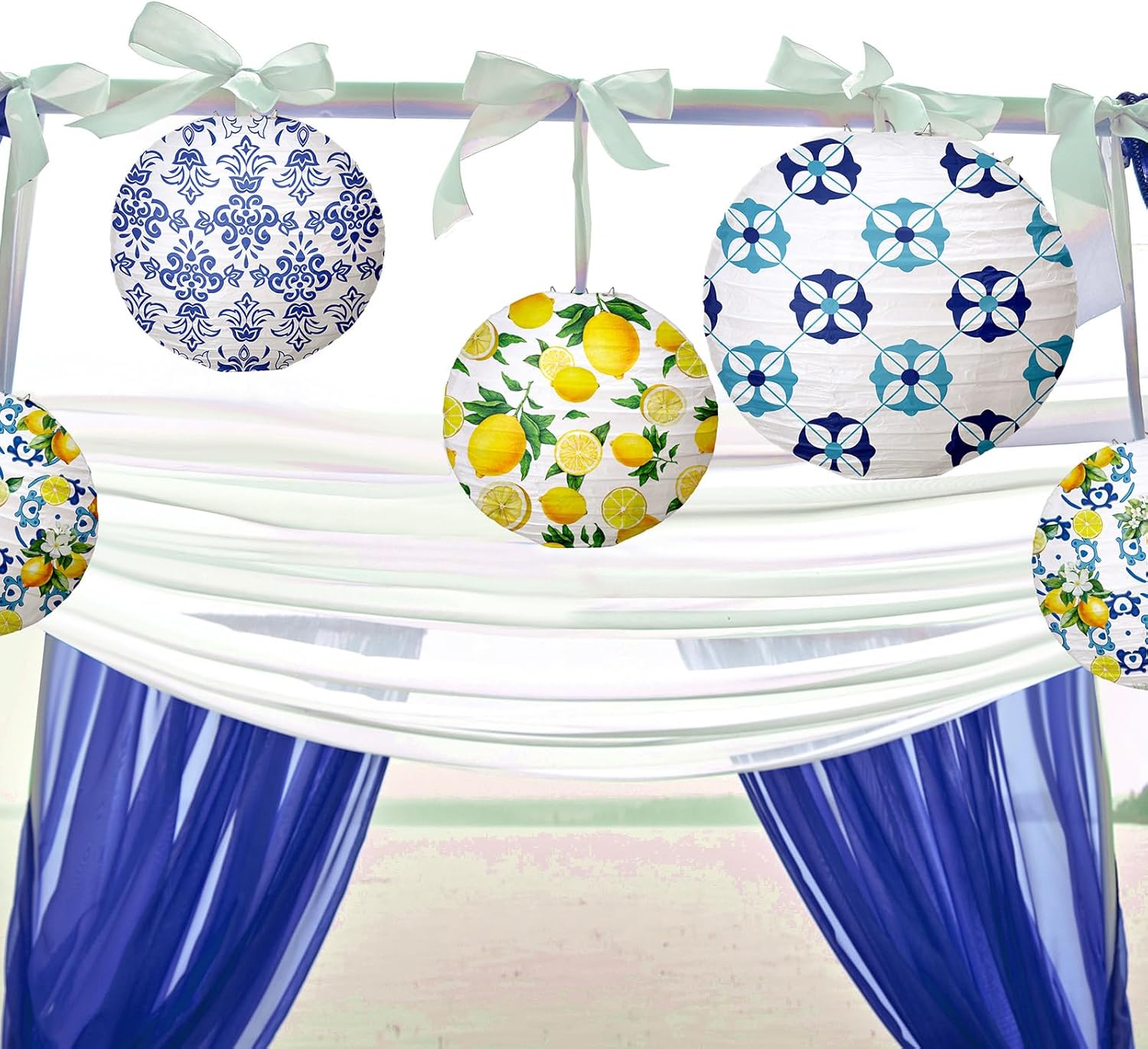 Rossesay 12 Pcs Paper Lantern Kit Amalfi Coast Capri Positano Lemon Party Supplies Summer Mediterranean Decorations Yellow Green White Lemon Pattern for Baby Shower Wedding Birthday Decorations