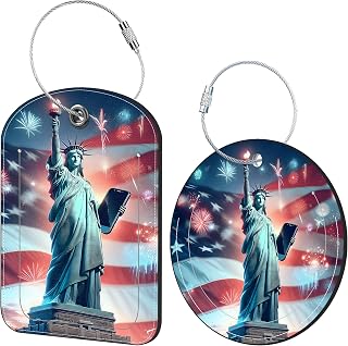 2 Pack Idea Luggage Tag for Suitcases American Flag Statue of Liberty Travel Leather Luggage Tags with Name Address Privacy Flap and Steel Loop Airport Cruise Baggage Tags (Square and Round)