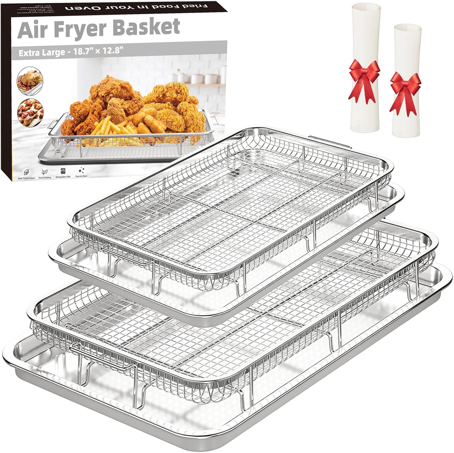 Air Fryer Basket for Oven, 2 Set Air Fryer Pan and Cripy Tray Set with 60 PCS Parchment Papers, THORSES Thickened Stainless Steel NonStick Air Fryer Basket and Pan (18.8″x12.8″ & 15.7″x11.6″) Air Fryer Basket for Oven, 2 Set Air Fryer Pan and Cripy Tray Set with 60 PCS Parchment Papers, THORSES Thickened Stainless Steel NonStick Air Fryer Basket and Pan (18.8″x12.8″ & 15.7″x11.6″)