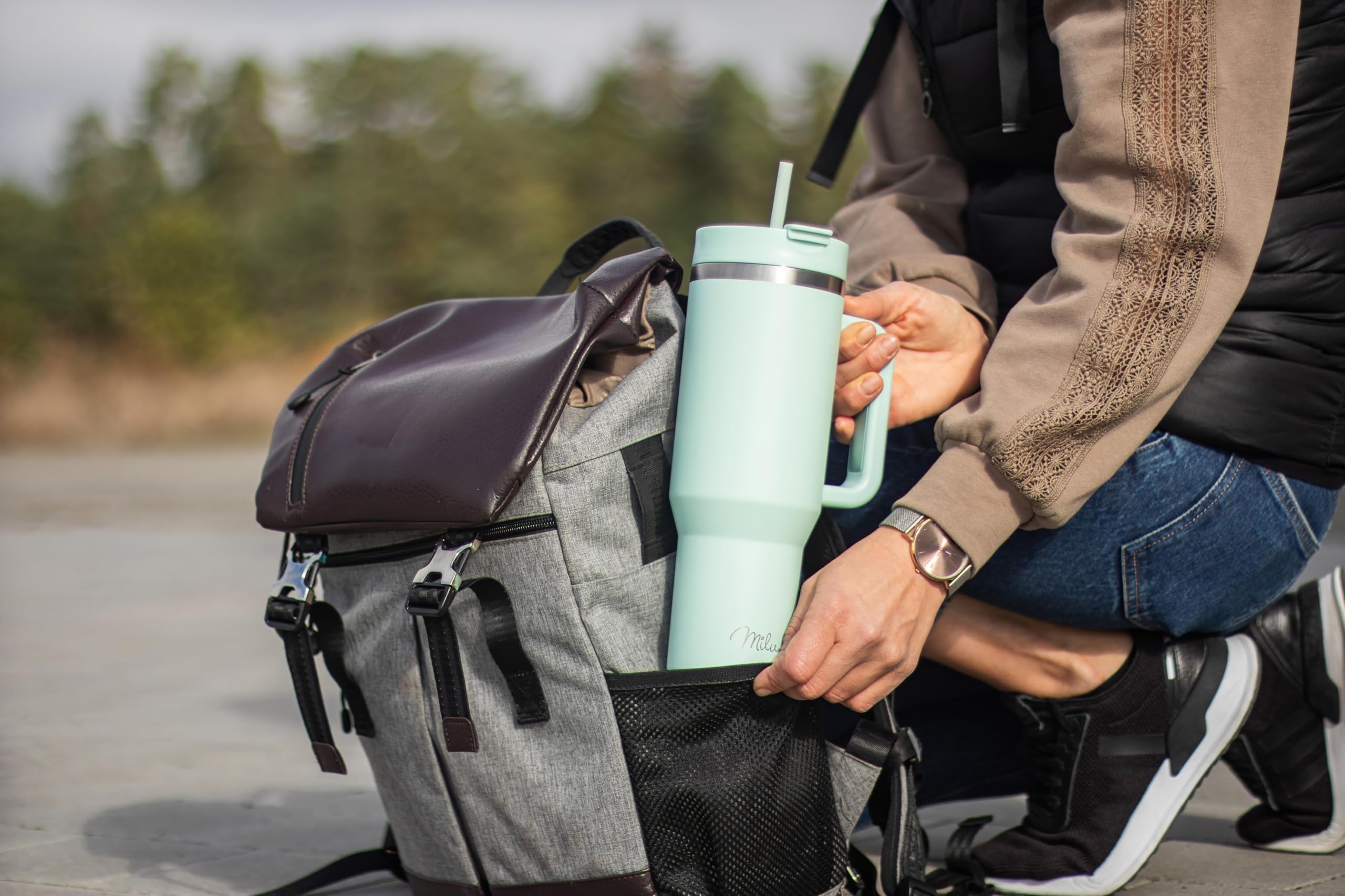 Milu Gobelet thermique 1200ml avec paille & anse, 24h glacé / 12h chaud Tumbler 40oz en acier inoxydable avec poignée, isolant bouteille to go (Mellow Mint, 1200ml)