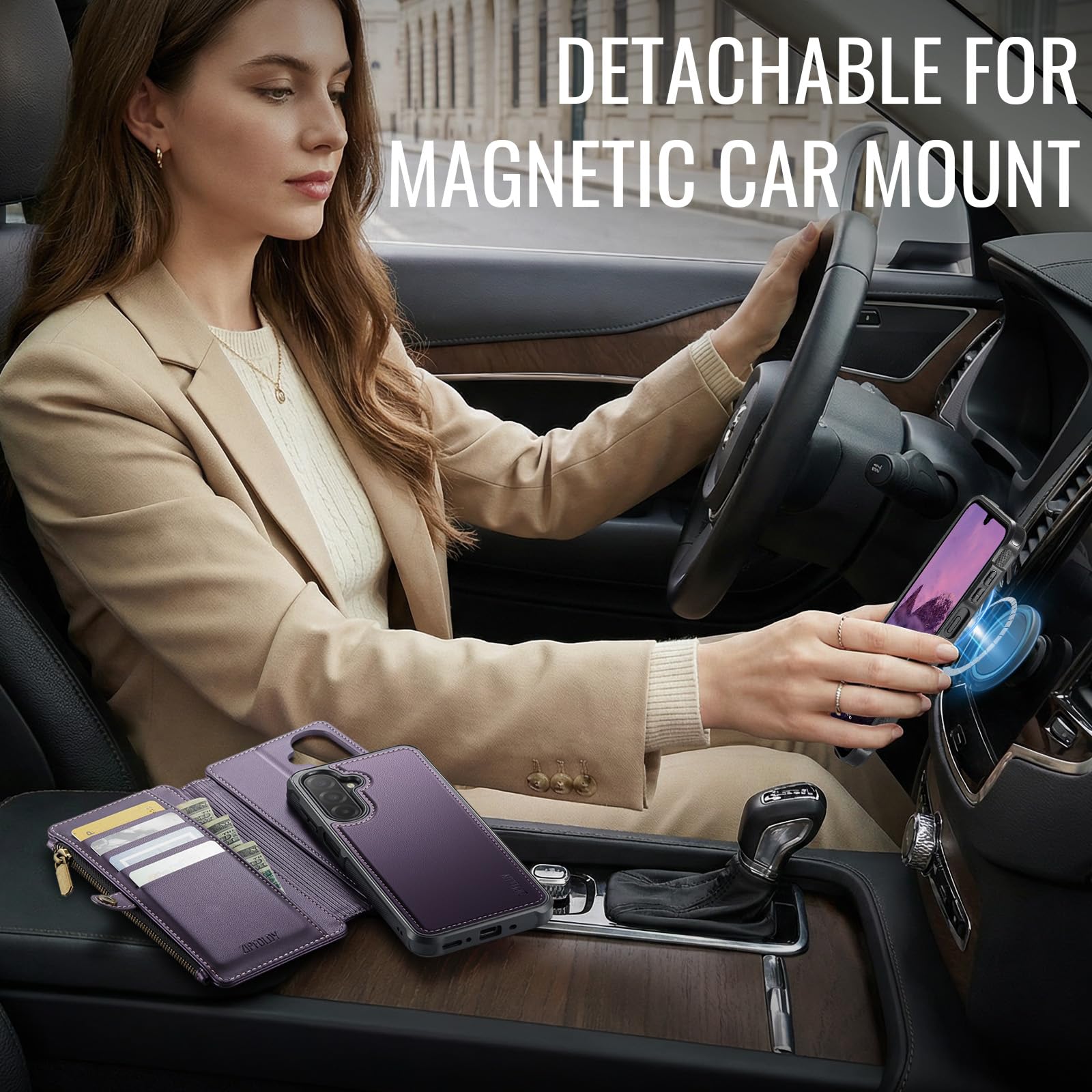 Funda magnética desmontable para Galaxy A17 5G, color morado | Tarjetero con bloqueo RFID, bolsillo con cremallera, ranura para efectivo, pulsera, para mujeres y hombres