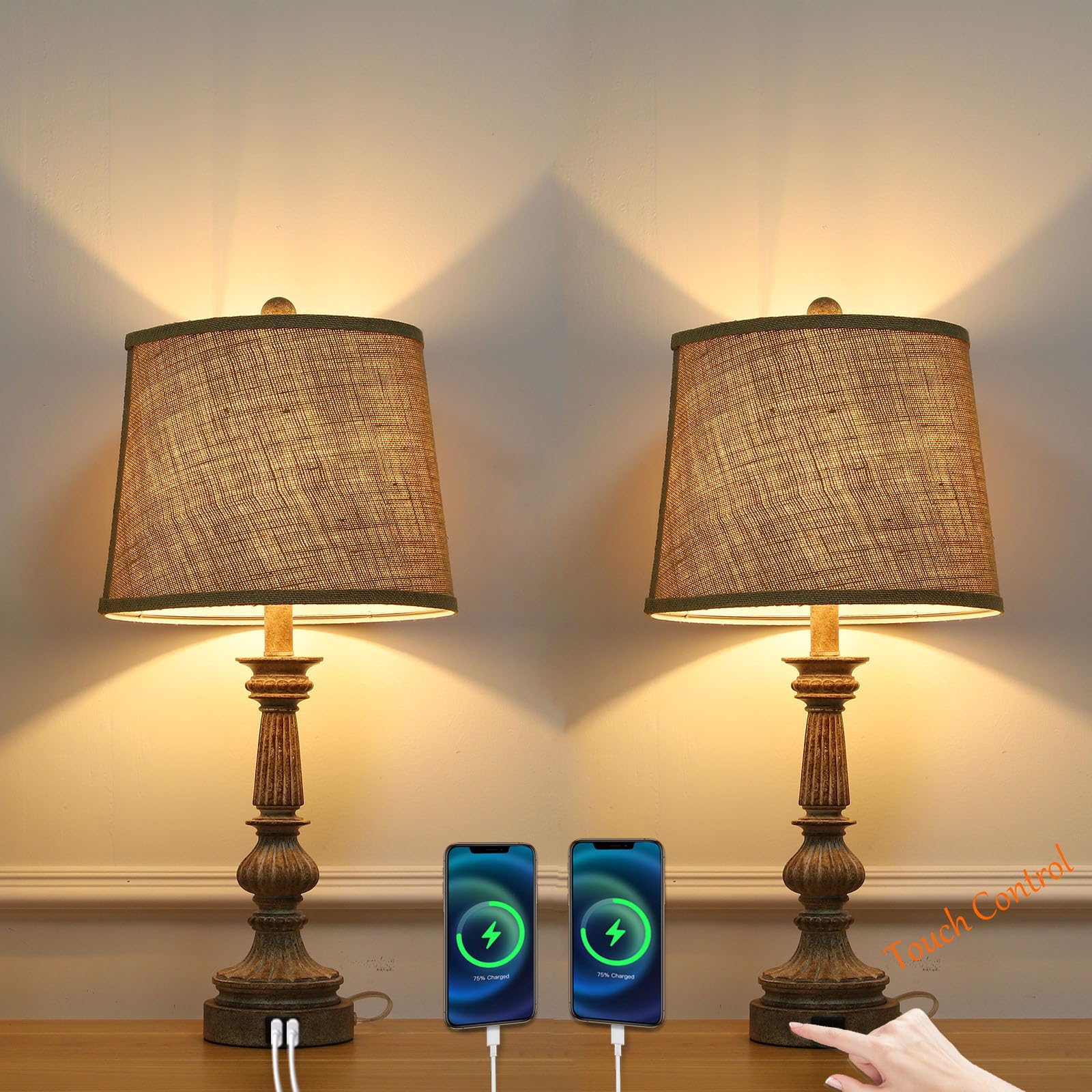 Modern End Table Lamp for Living Room Set of 2,Touch Base Control 3 Way Dimmable Bedside Nightstand Lamps for Bedroom USB Ports Outlets 2A+TypeC 25 Inch Tall Home Office Desk Lamp Set of 2