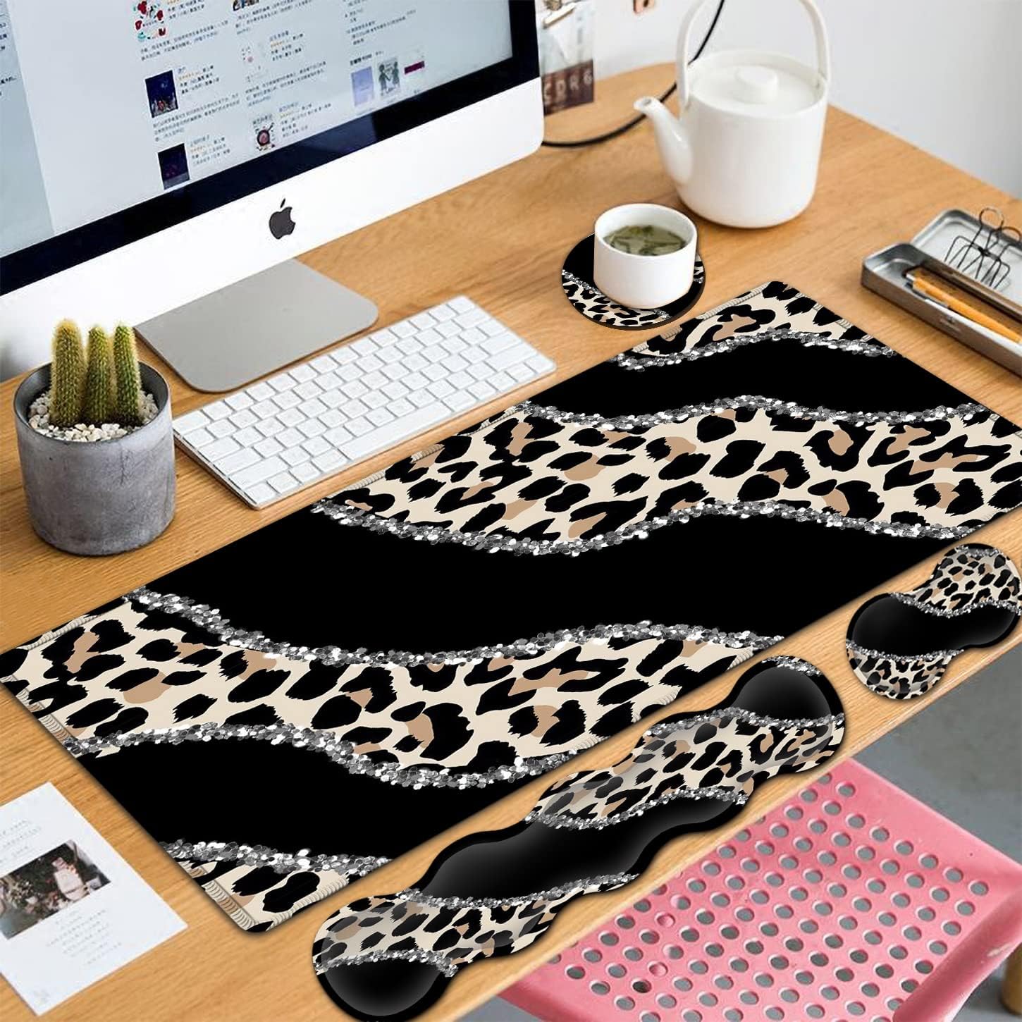 Black Large Gaming Mouse Pad - 31.5x11.8, Ergonomic Memory Foam Wrist Rest Support, Non-Slip Base, Leopard Design
