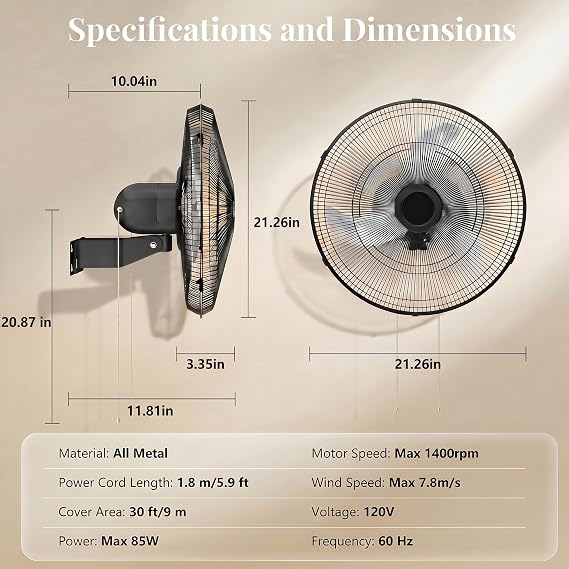 20 Inch Oscillating Wall Mount Fan, 3 Speed High Velocity Powerful, 90 Oscillation & 30 Tilt Cooling, Wall Fan for Home, Offices, Greenhouse, Workshop, Patio, Outdoor, Indoor ETL Certified