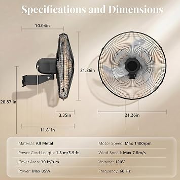 20 Inch Oscillating Wall Mount Fan, 3 Speed High Velocity Powerful, 90 Oscillation & 30 Tilt Cooling, Wall Fan for Home, Offices, Greenhouse, Workshop, Patio, Outdoor, Indoor ETL Certified