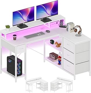 YITAHOME L Form Schreibtisch mit USB Ladeanschluss und Steckdose,Reversible Eckschreibtisch mit 4 Schubladen und Regal,Gaming Schreibtische mit Monitorständer,140x100 cm Computertisch für Büro,weiß