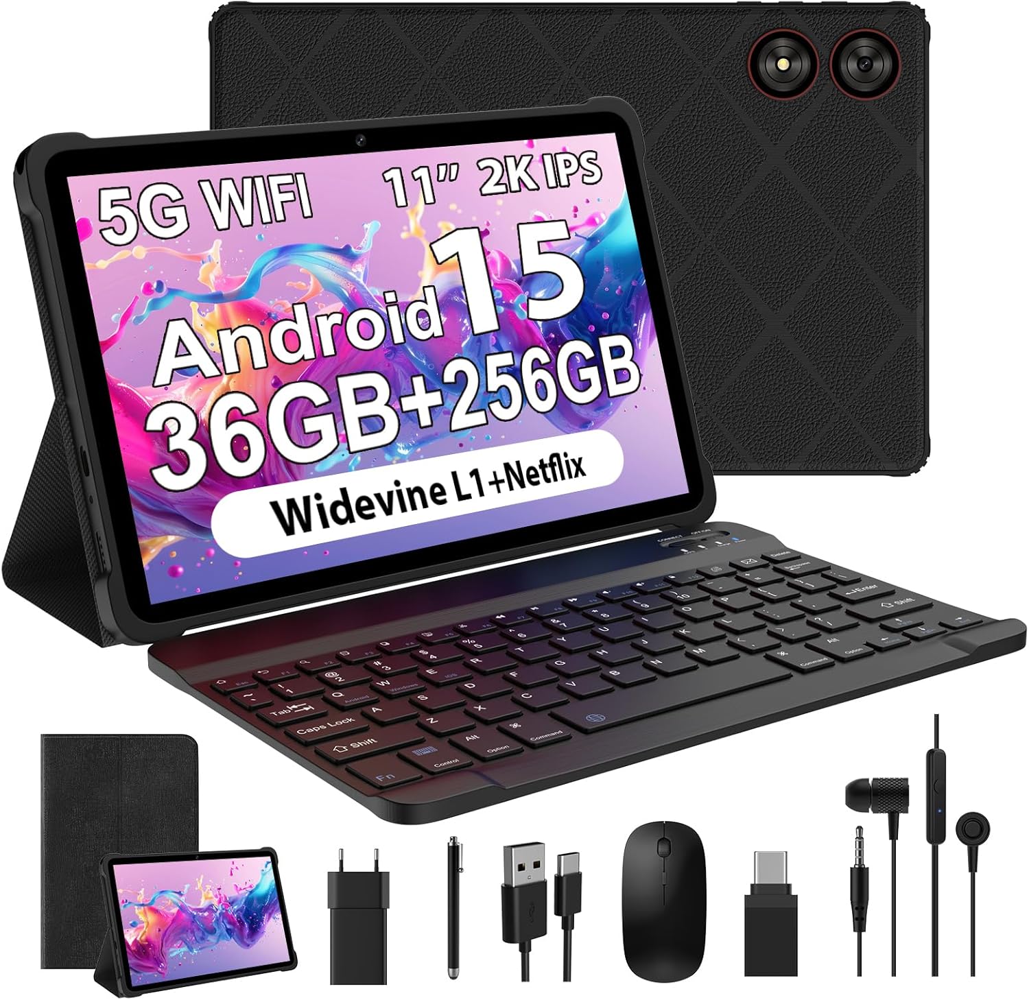 11 Pulgadas Android 15 Tablet, 5G WiFi, Octa-Core, 36GB RAM+256GB ROM (1TB TF), 2000×1200 FHD Display, Widevine L1/8+13MP/8000mAh/GMS/GPS, con Teclado+Ratón (Negro)