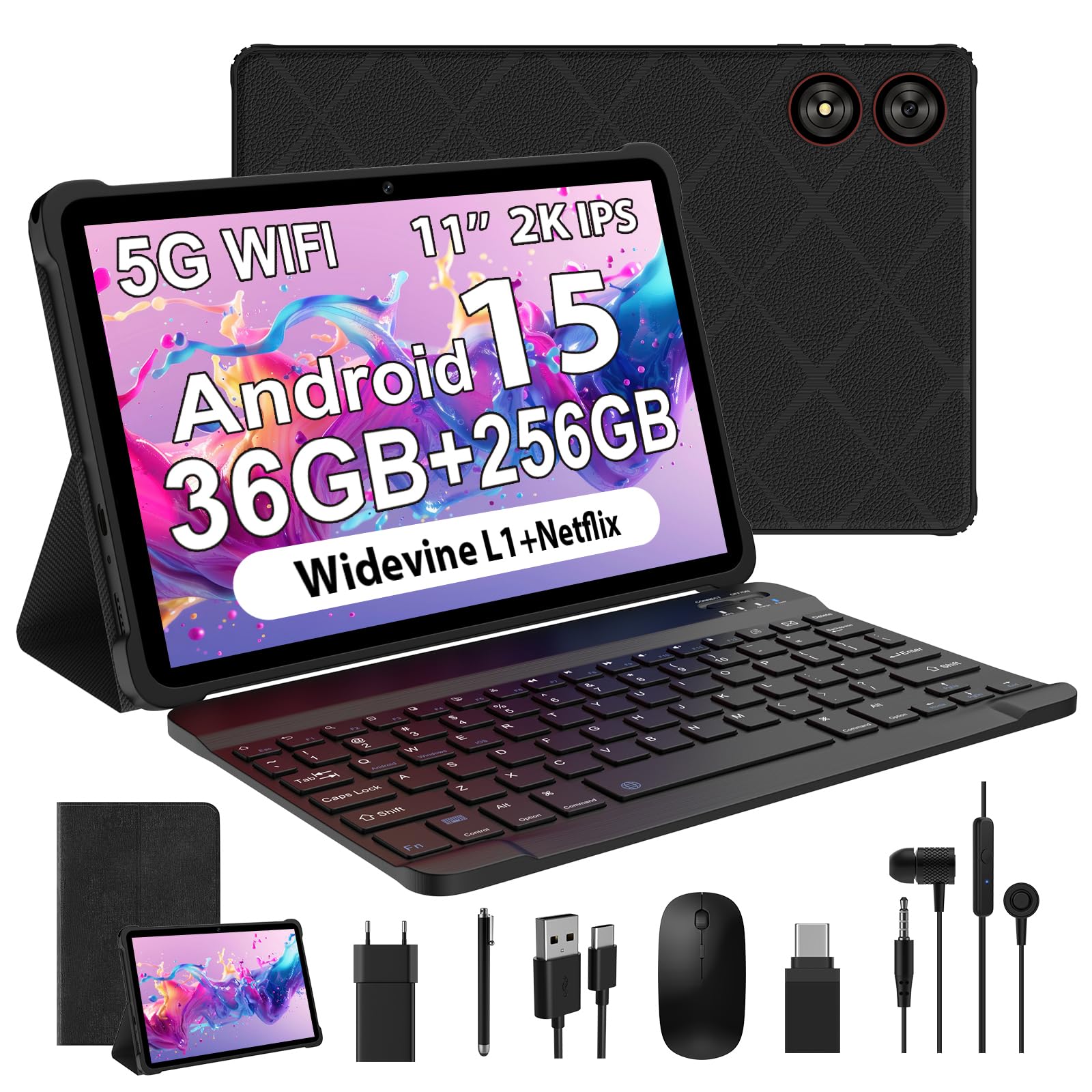 11 Pulgadas Android 15 Tablet, 5G WiFi, Octa-Core, 36GB RAM+256GB ROM (1TB TF), HD Display, Widevine L1/8+13MP/8000mAh/GMS/GPS, con Teclado+Ratón (Negro)