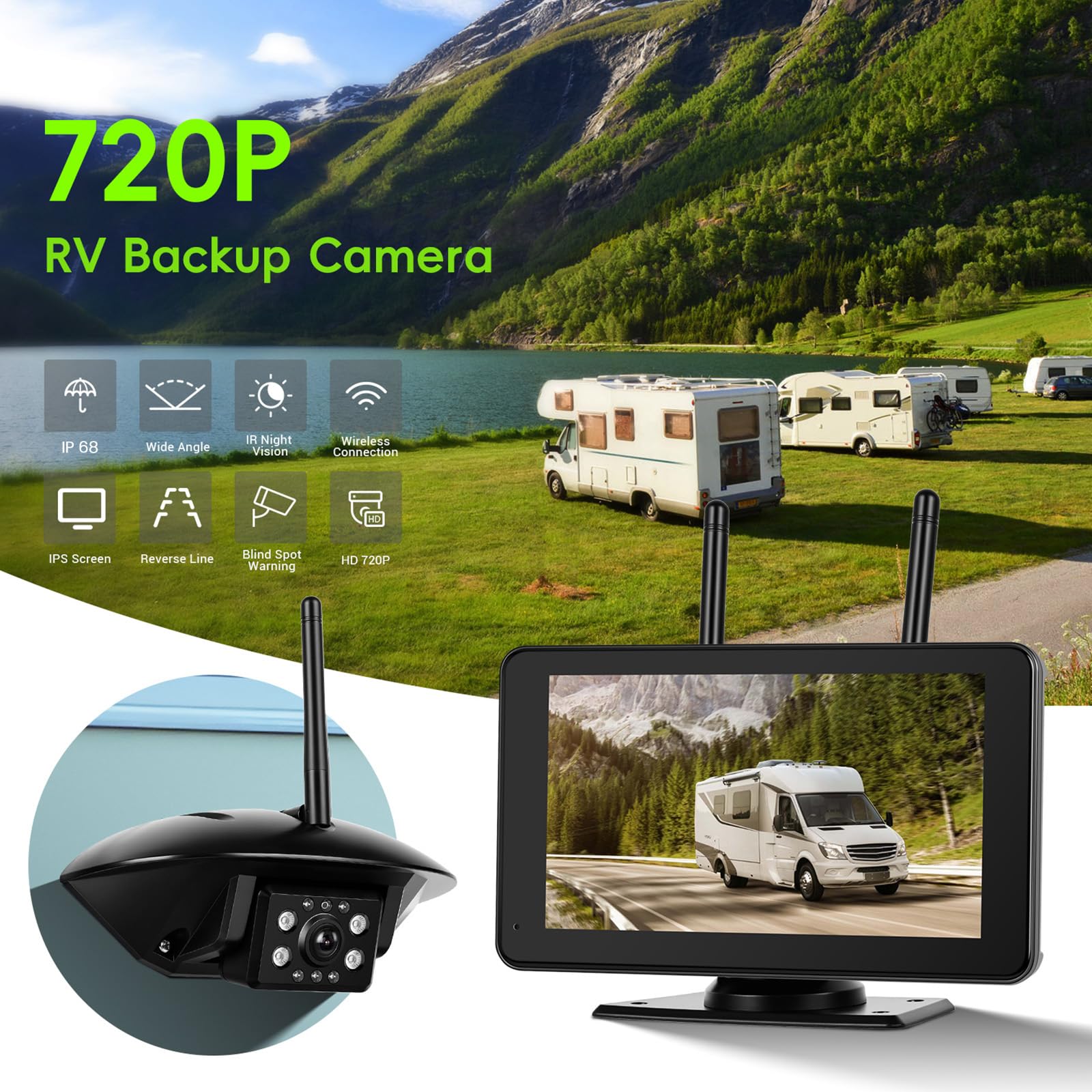 CAMECHO Kamera cofania okablowana, IP69, wodoszczelna kamera noktowizyjna, szerokokątna kamera z ekranem o przekątnej 5 cali, do wszystkich modeli, chip 12 V, kamera cofania o wysokiej wydajności z