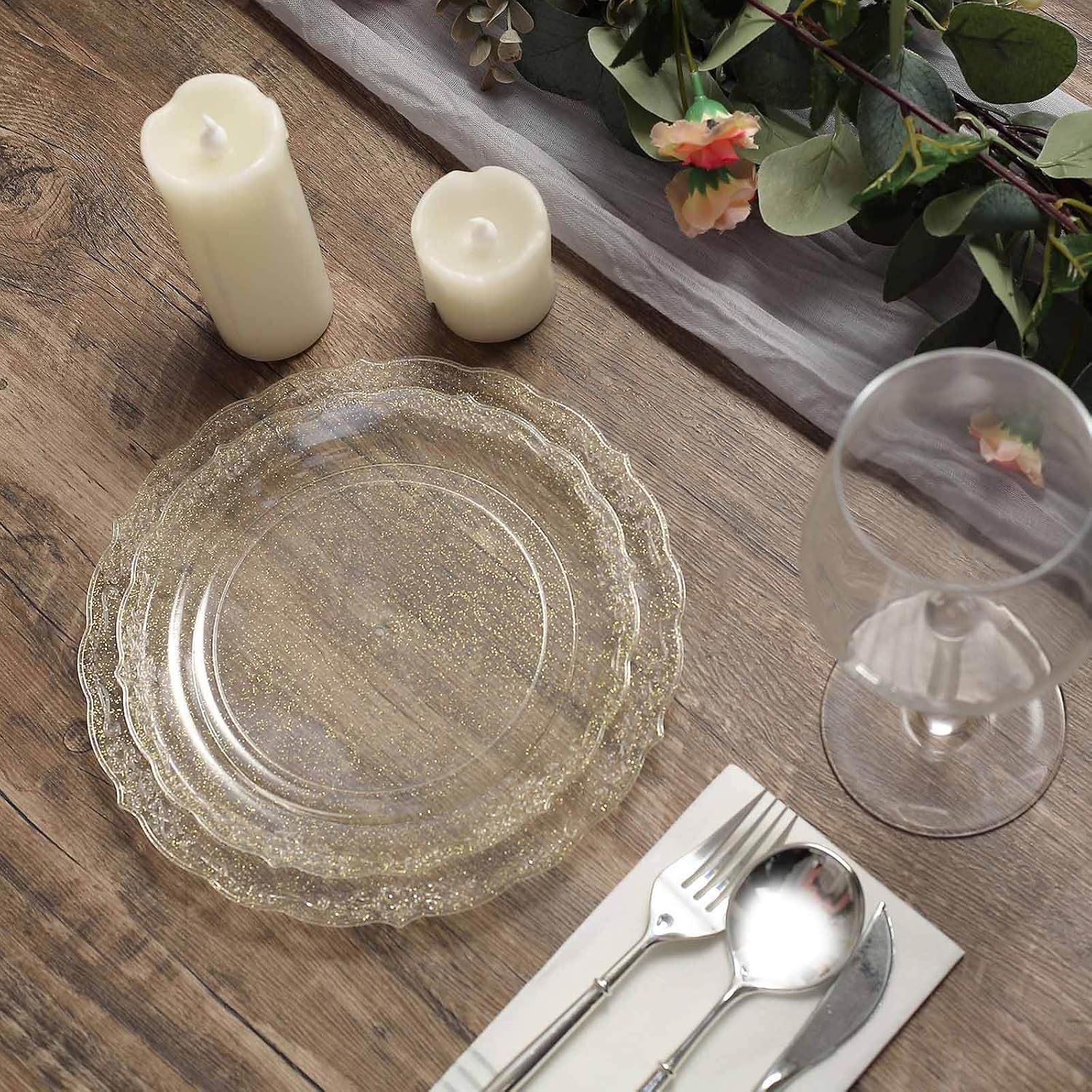 Efavormart 12-Pack 7" Clear Gold Glitter Disposable Plastic Plates - Floral Design Scalloped Appetizer Plates for Whimsical Weddings and Galas