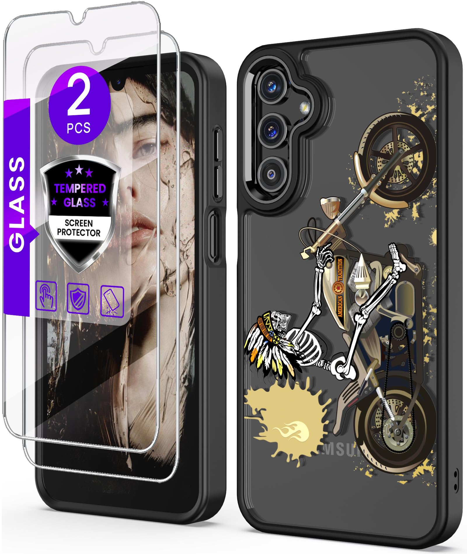 DagoRoo for Samsung Galaxy A15 5G Case+Tempered Glass Screen Protector, [Military Grade Protective] Slim Soft TPU & Hard PC, Men's Boys Crystal Clear Painting Pattern Case Cover for A15 5G-Black / 3
