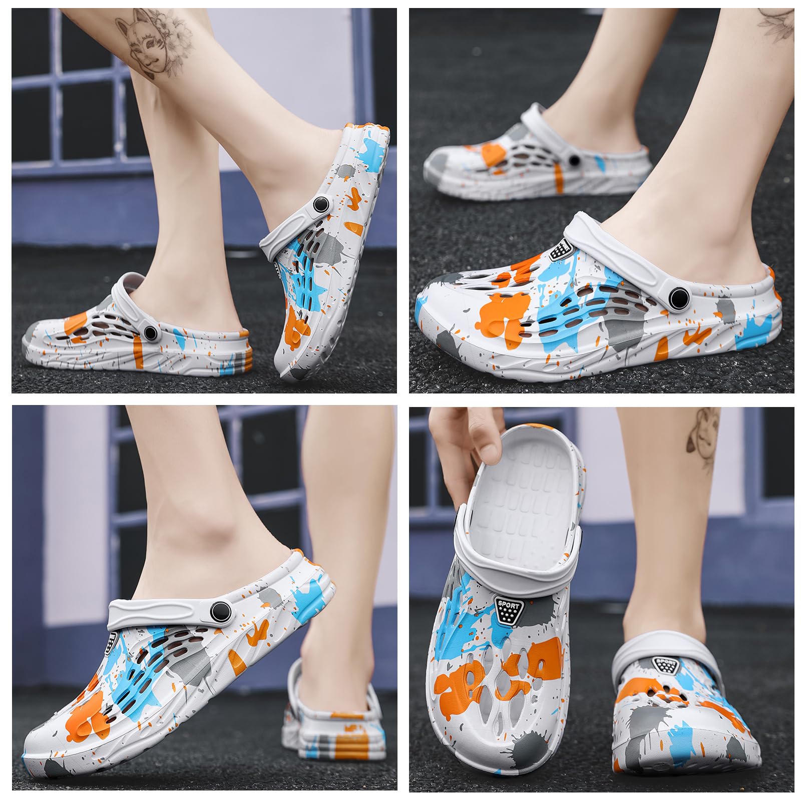CYian Zuecos clásicos para hombre y mujer, ligeros, mullidos, sandalias de playa, zuecos de jardín, Azul Blanco, 11 Women/9 Men