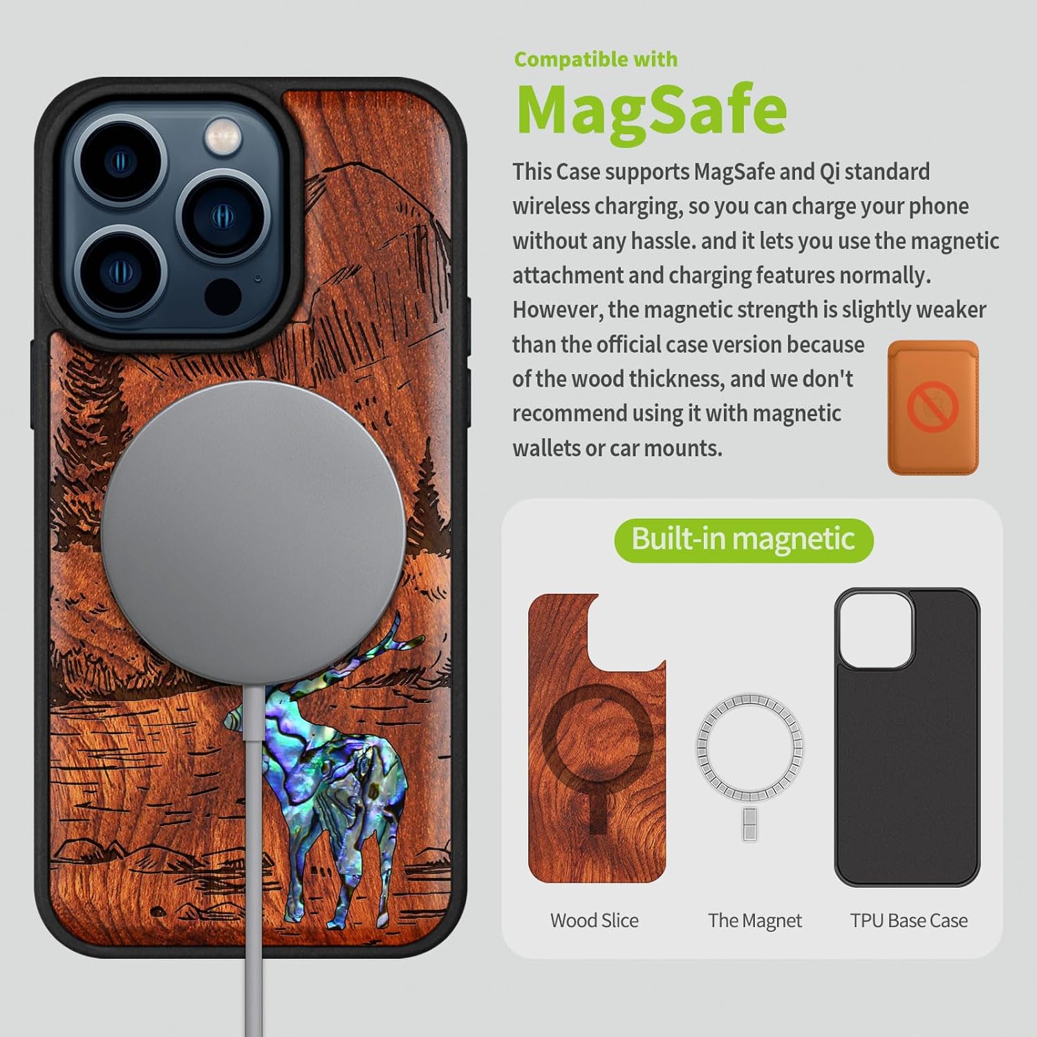 Carveit Wooden Case for iPhone 15 Pro Magnetic Case, Compatible with MagSafe Wireless Chargers, Shockproof Cover, Handmade Shell Inlaid & Wood Artisan Engraved (Forest Deer) Rosy