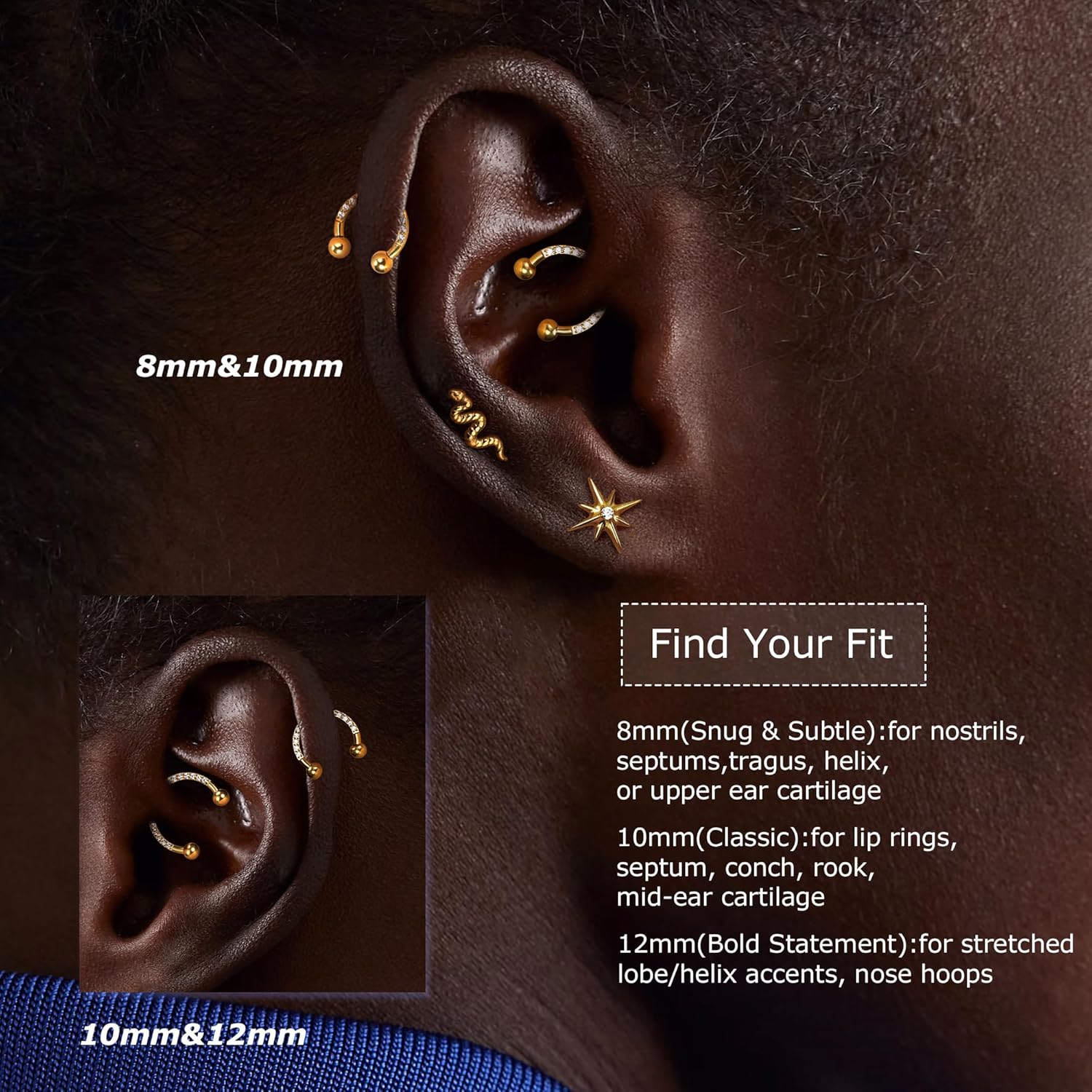 BodyBonita G23 Titanium Horseshoe Nose Rings Septum 16G with Threaded Piercing Taper/Pick Up Tool/Replacement Balls for Piercings - Circular Barbell/Spike Lip Piercing Helix Daith Jewelry for Women - Image 6