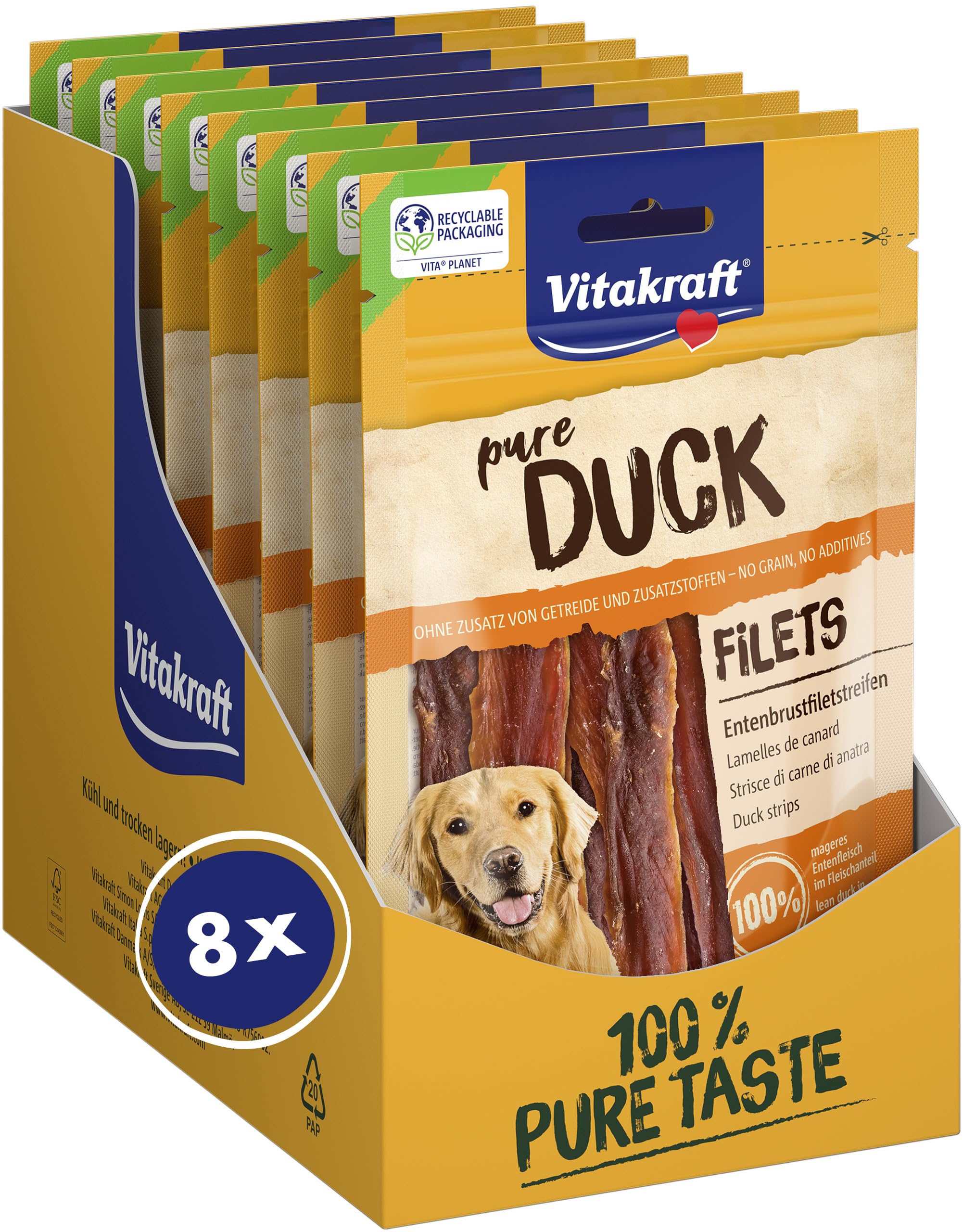 Vitakraft Pure Duck Filet, Hundeleckerli, Entenbrustfiletstreifen, Hunde Trainingsleckerli, ohne Zusatz von Zucker (8x 80g)