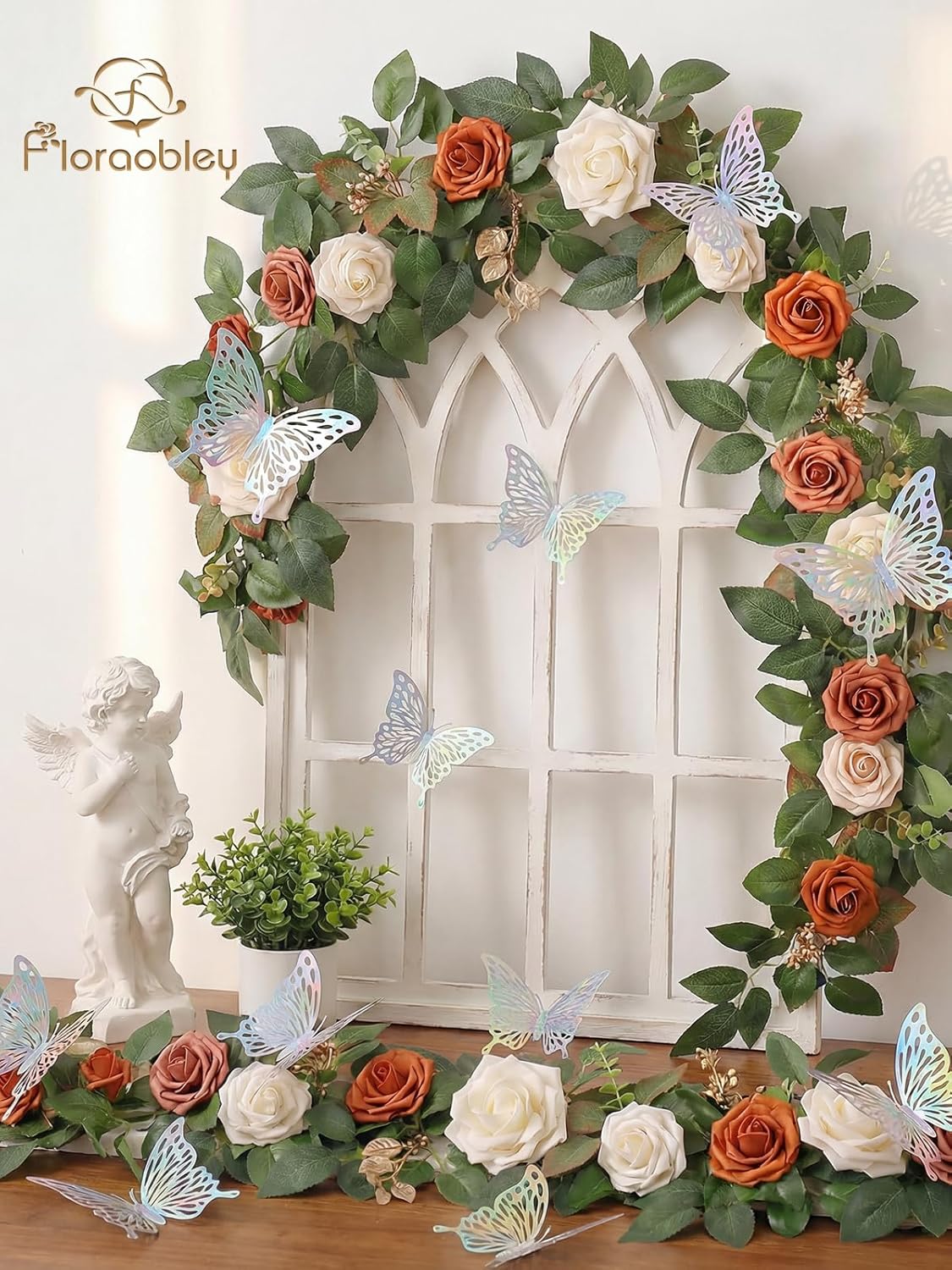 5.5FT Artificial Flower Garland Orange Rose & Greenery for Wedding Arch Backdrop Table Centerpiece Mantel Decor, with Rose String Lights & 3D Butterflies