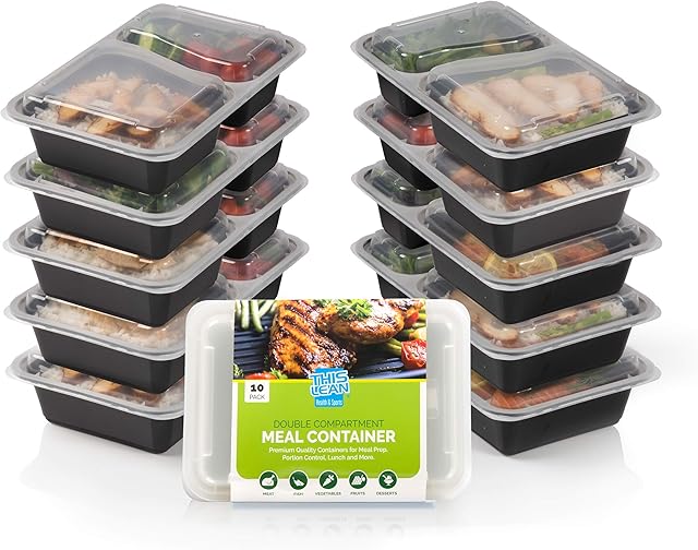 THIS LEAN 2 Compartment Meal Prep Containers [10-Pack] for Food Storage. Free Recipe & Portion Size Guide Included. Dishwasher, Freezer and Microwave Safe. Reusable Bento Lunch Box.