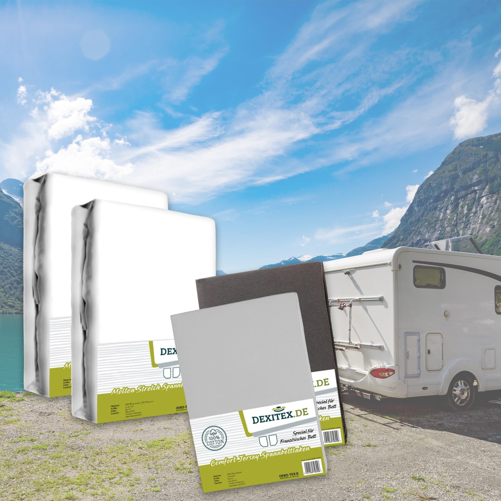 Spannbettlaken Wohnmobil 4er Set- 2 Spannbettlaken + 2 Molton (1 Grau + 1 Antrazith) - französische Bettwäsche - für Matratze Wohnmobil- Oeko-TEX - Rechts