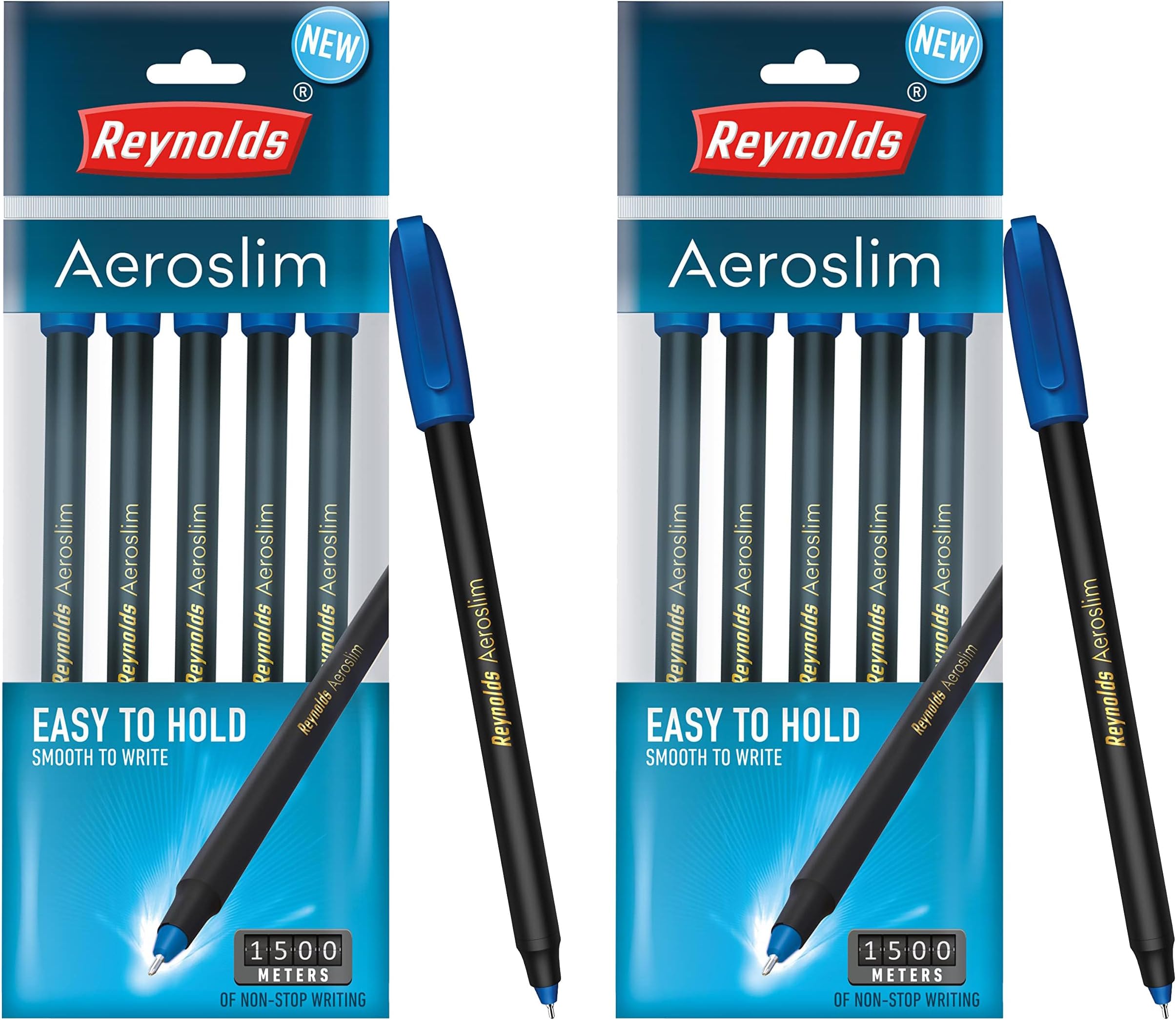Reynolds AEROSLIM BP 5 CT POUCH - BLUE | Ball Point Pen Set With Comfortable Grip | Pens For Writing | School and Office Stationery | Pens For Students | 0.7mm Tip Size (Pack of 2)