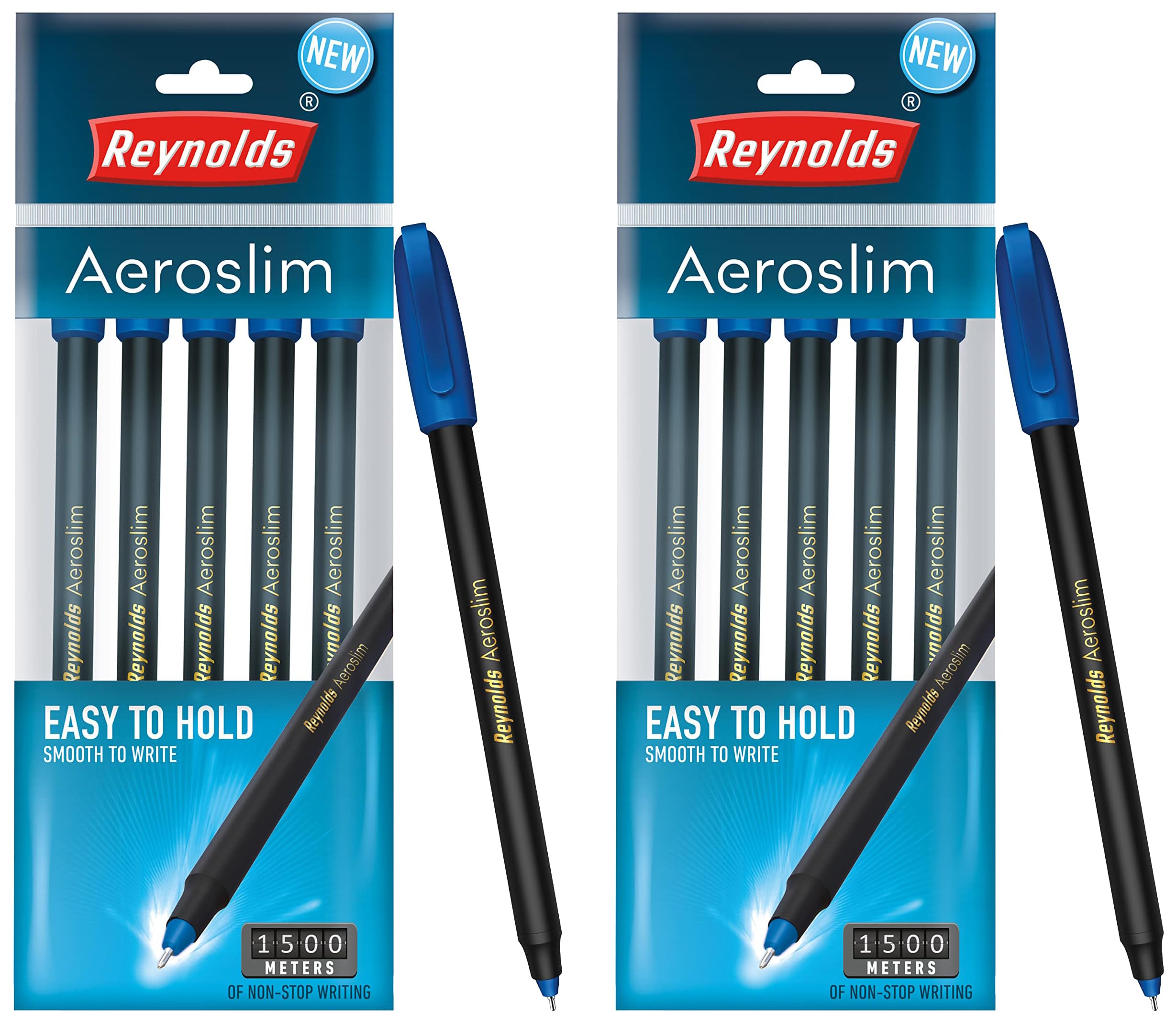Reynolds AEROSLIM BP 5 CT POUCH - BLUE | Ball Point Pen Set With Comfortable Grip | Pens For Writing | School and Office Stationery | Pens For Students | 0.7mm Tip Size (Pack of 2)