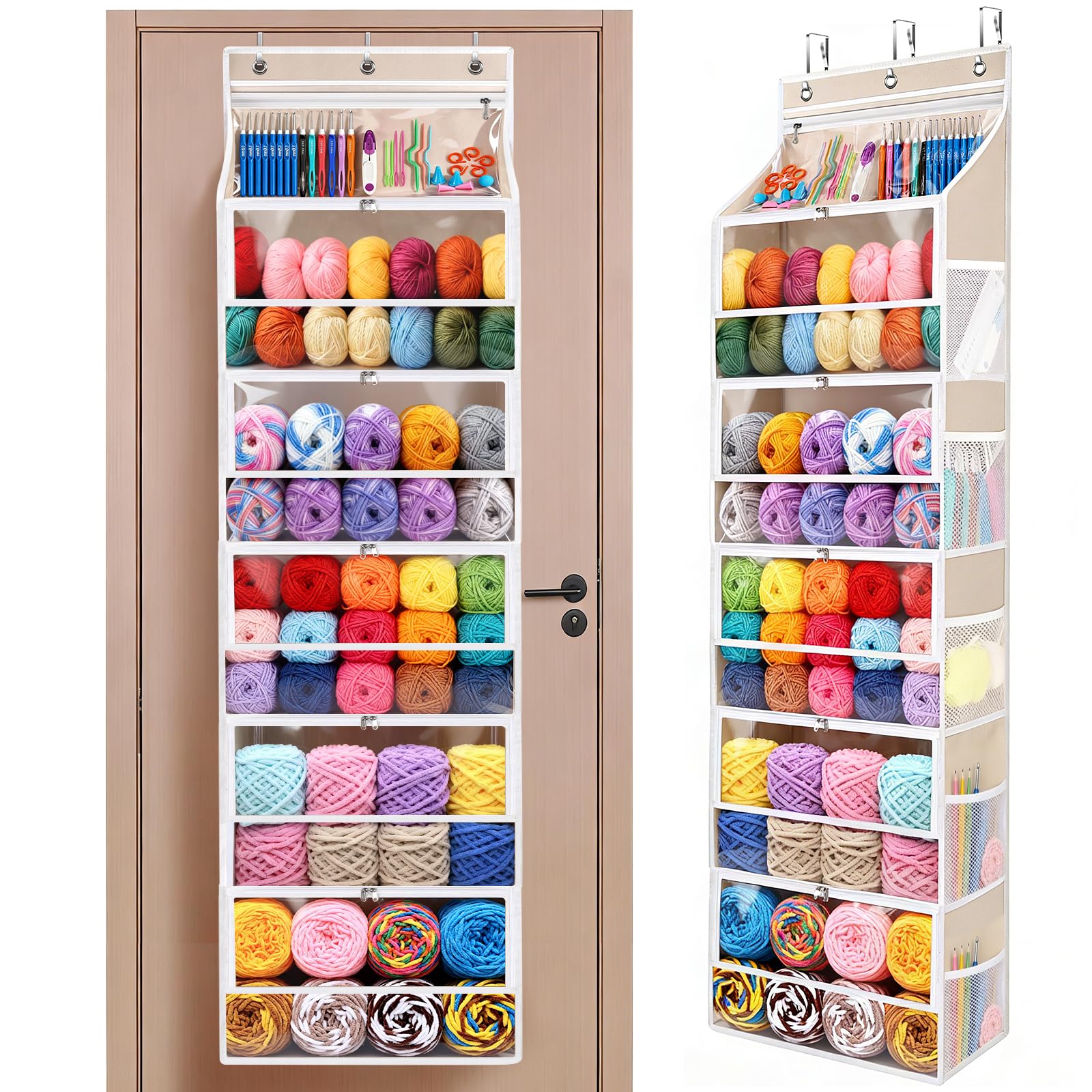 Organizador colgante con 5 compartimentos con cremallera, almacenamiento de hilo para colgar, organizador de puerta, organizador de punto colgante para accesorios de punto y ganchillo, bolsillos