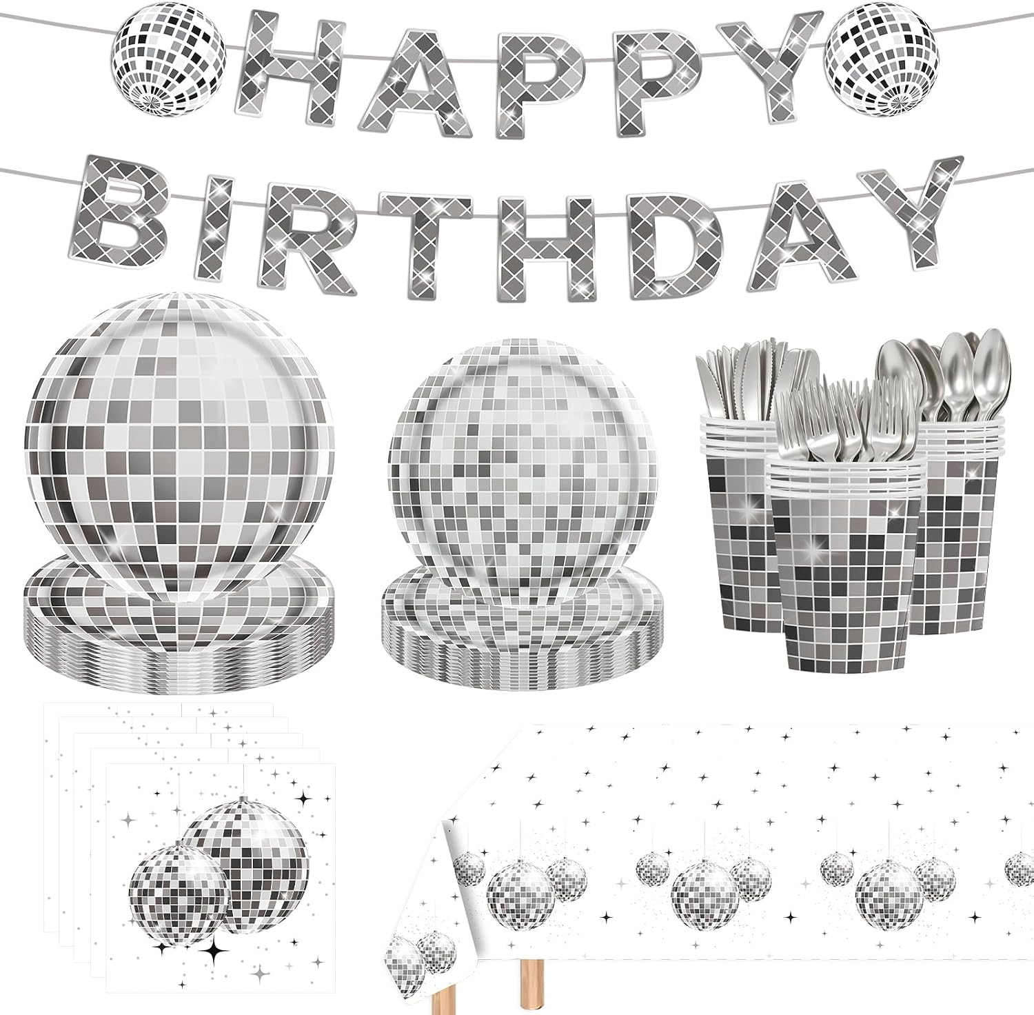 142PCS Disco Ball Party Supplies Set Silver Disco Theme Birthday Decorations Kit with HAPPY BIRTHDAY Banner Disposable Plates Cups Cutlery Napkins Tablecloth for 20 Guests Kids Adults