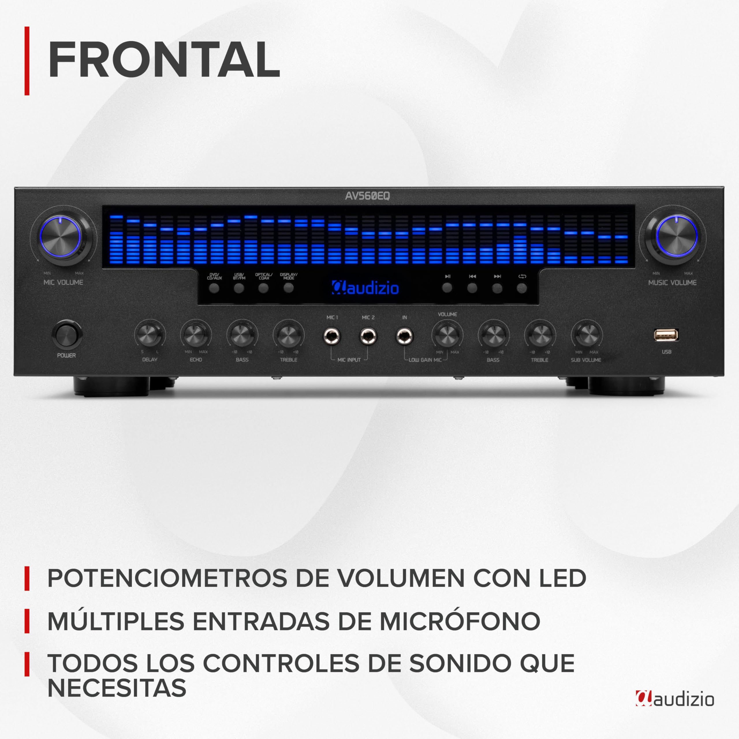 Audizio AV560EQ - Amplificador 5.1 con Bluetooth 5.0, USB, Radio FM, entradas óptica y coaxial, micrófonos con Eco y delay, 390W de Potencia Total, Mando a Distancia y diseño Elegante Negro