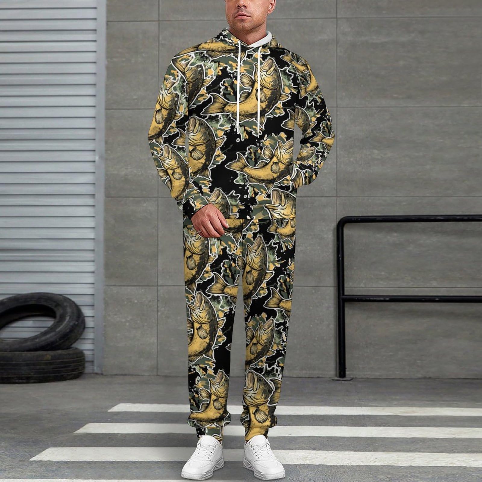 Bass Fish Camouflage Tute per gli Uomini Manica Lunga Felpa Con Cappuccio E Pantaloni Della Tuta Joggers Set Moda Tute
