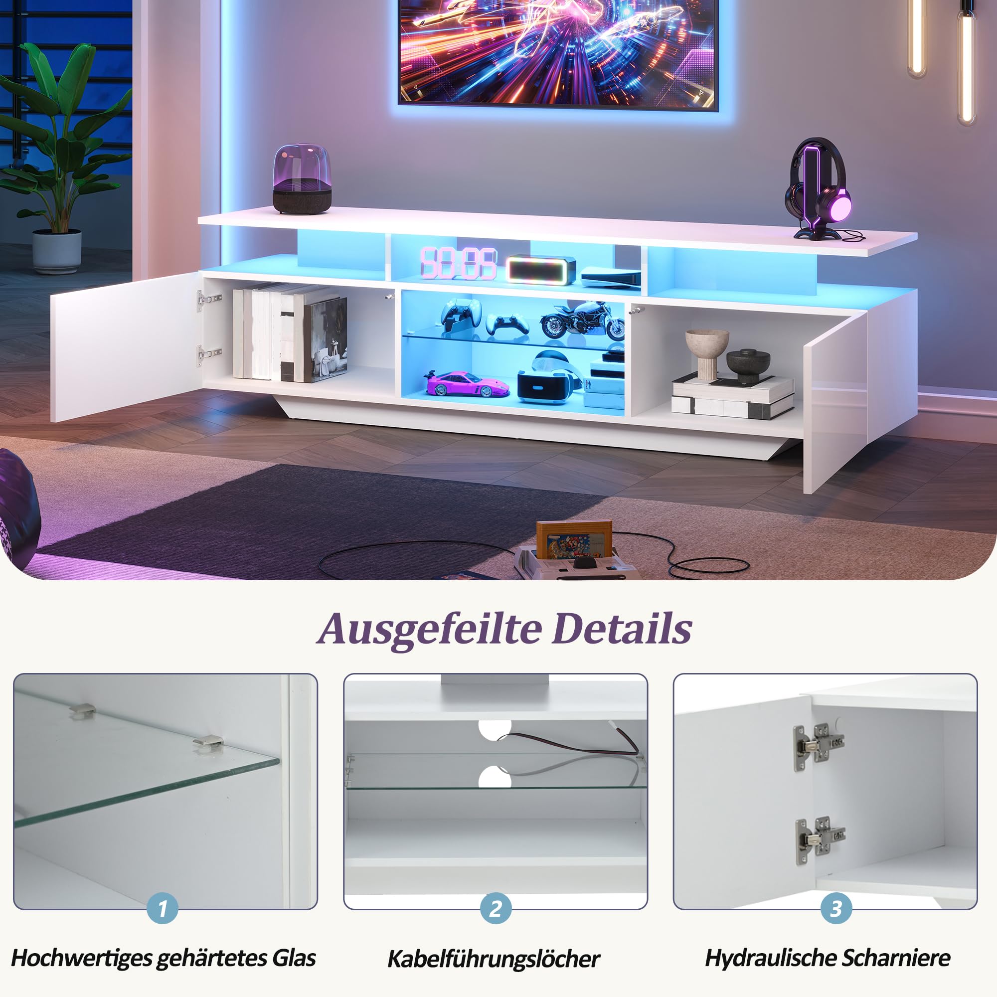 Supporto TV ad alta lucidità con striscia LED mobile TV con porte scomparti aperti pannello basso per TV fino a 70 pollici base tavolo per il mobiles TV per soggiorno bianco