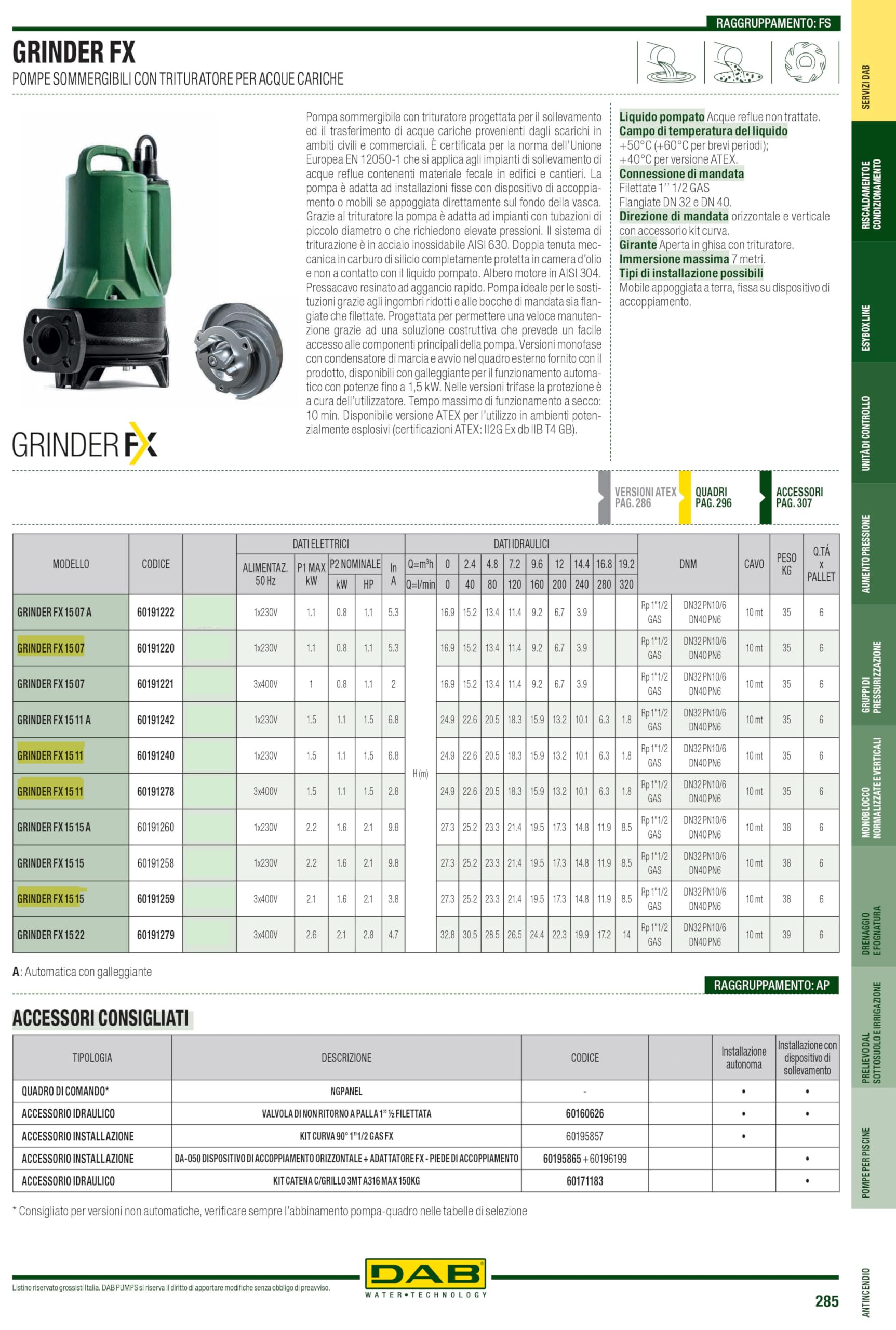DAB GRINDER FX 15.15 S TNA HP 2,1 Pompa sommergibile trifase con trituratore per acque di scarico reflue in ambiti civili e commerciali