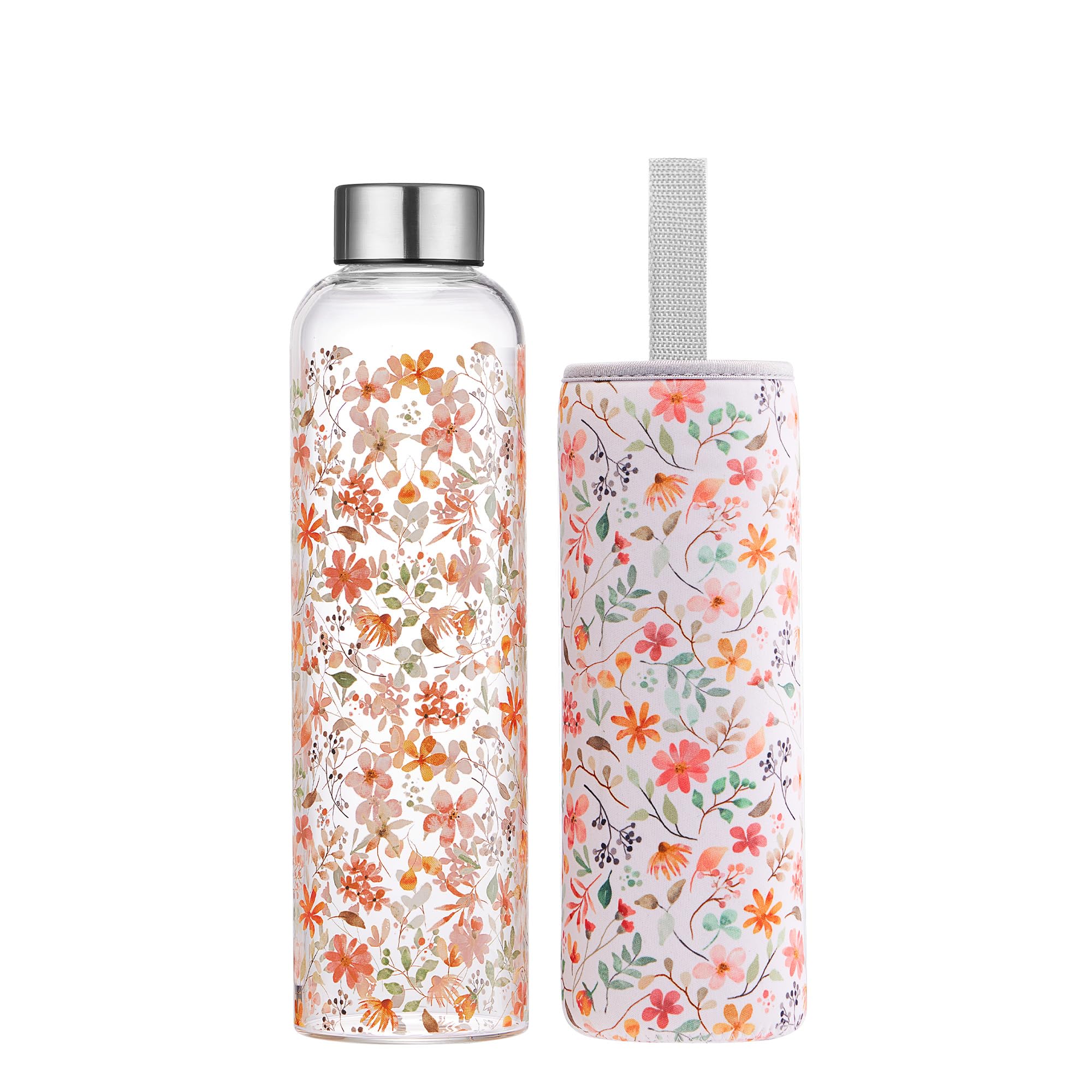 Autsel 500ml Glasflasche Trinkflasche Glas Sport Borosilikat Glass Bottle Wasser Flasche mit Neopren-Hülle mit Auslaufsichere Abdeckung | mit Neopren-Hülle, Auslaufsichere Abdeckung, mit wunderschönen Druckmustern