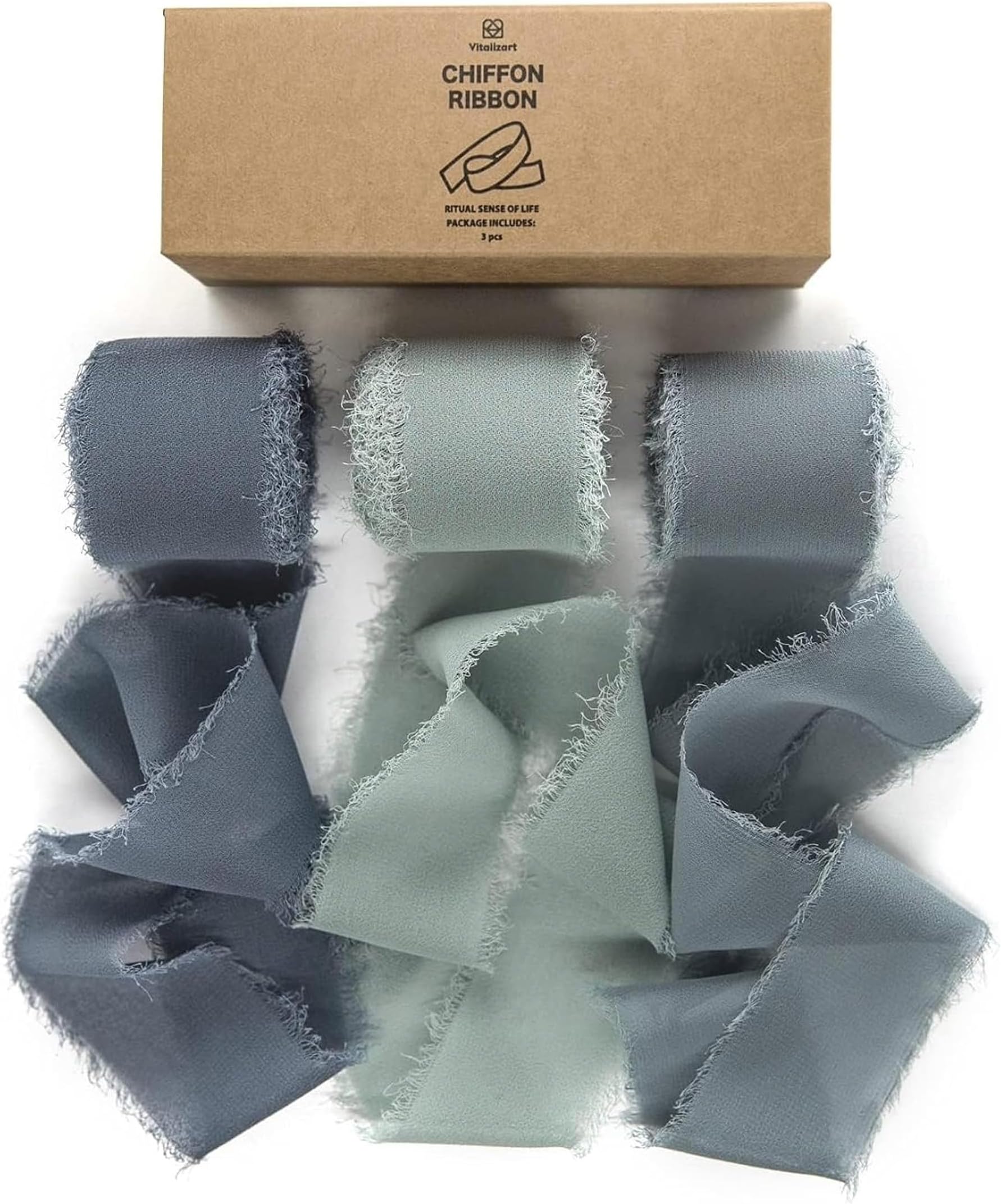 Vitalizart Handmade Chiffon Silk Ribbon 1.5" x 21 Yd Dusty Blue Frayed