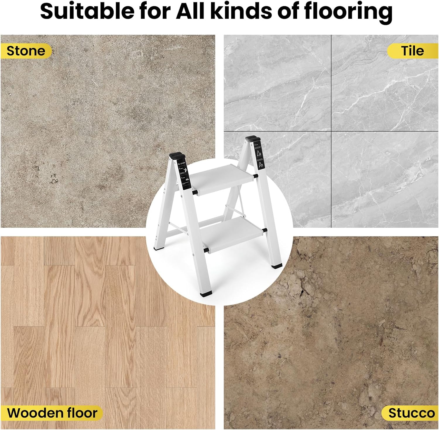 FAHKNS 2 Step Ladder, Aluminum Folding Step Stool with Anti-Slip Sturdy and Wide Pedal, Portable Space Saving Closet Step Stool for Home and Kitchen, Step Stools for Adults, White, 330Lbs