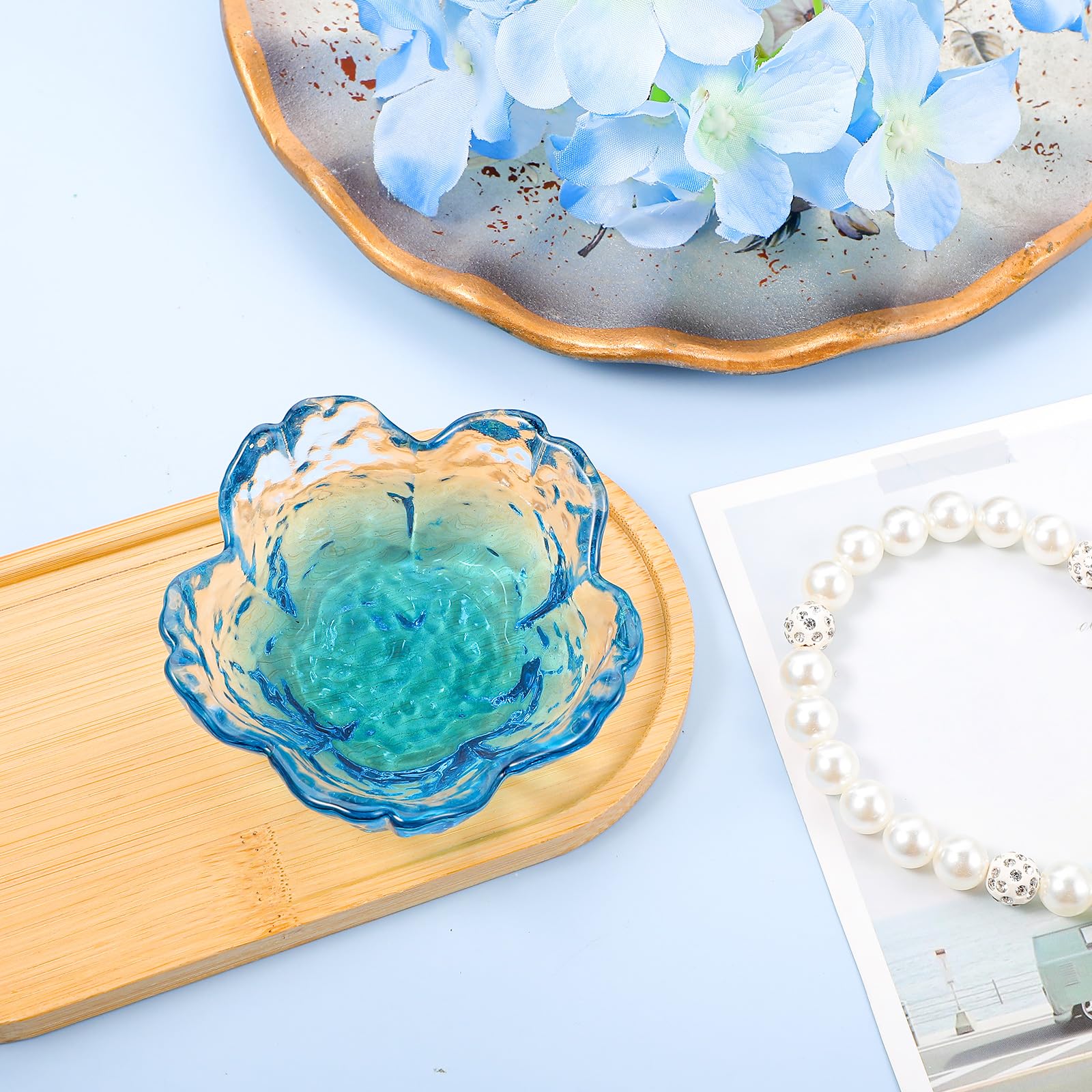 Qianyu Blue Flower Ring Dish Small Key Bowl Aesthetic Glass Trinket Tray Engagement Wedding Ring Holder Plate Room Decor Jewelry Dish Organizing Necklace Earrings for Mom Friend Sister - Image 3
