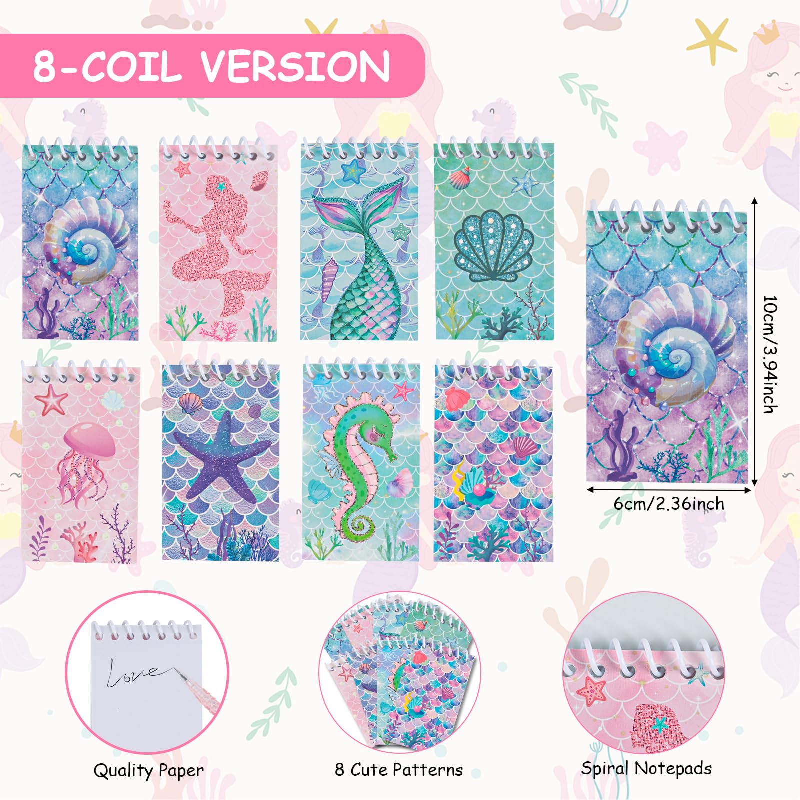 Regali Feste Bambini Sirena, 8 Quaderni a Spirale, 8 Penne Neutre, 12 Braccialetti, 50 Adesivi, Bomboniere Sirena Feste Compleanno, Regali per Ragazze