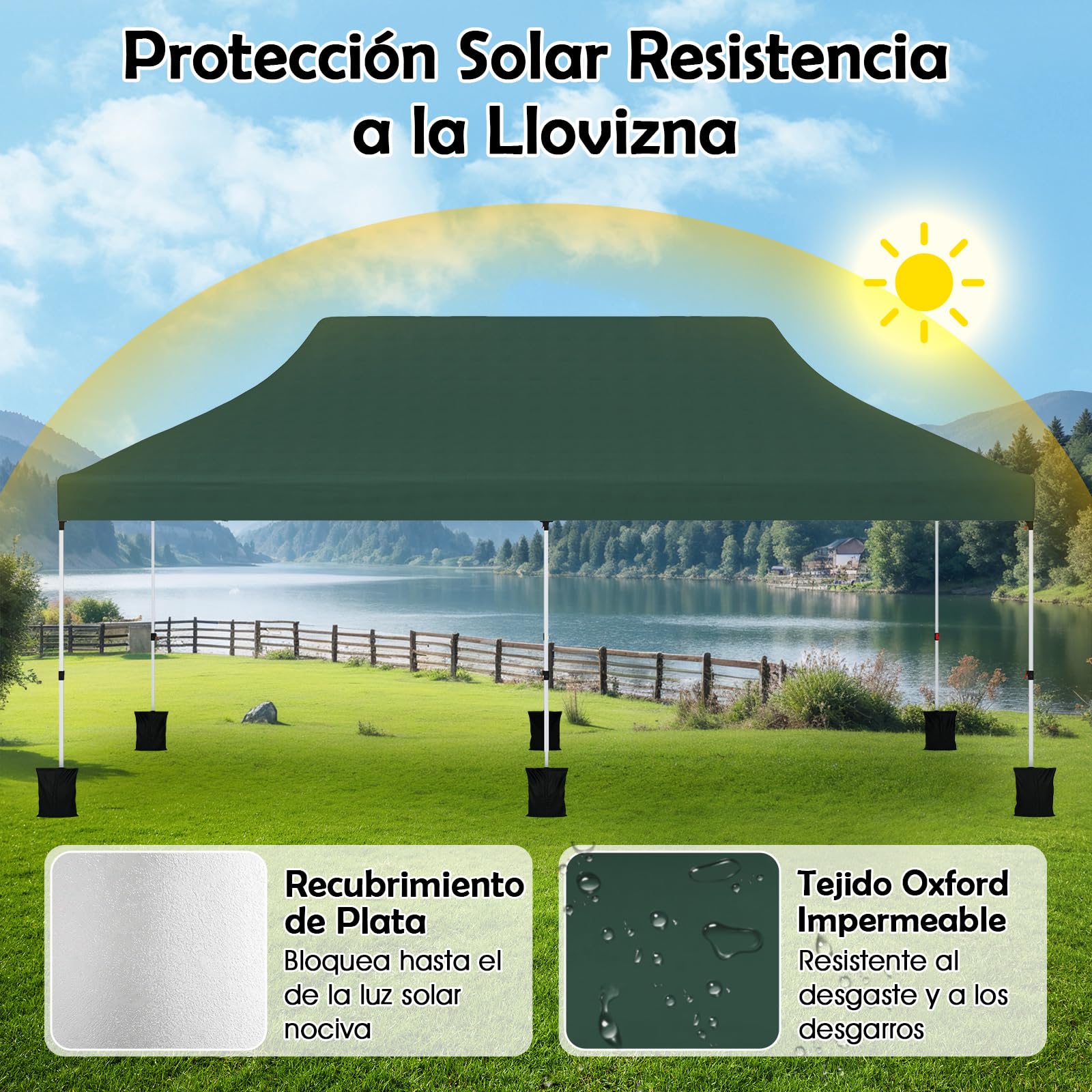 COSTWAY Carpa Plegable 3x6m, Pergolas de Jardin Pop UP, Protección UV 50+ Impermeable, Bolsa de Transporte, Cenadores Pabellón Jardin Exteriores, 6 Sacos de Arena (Verde)